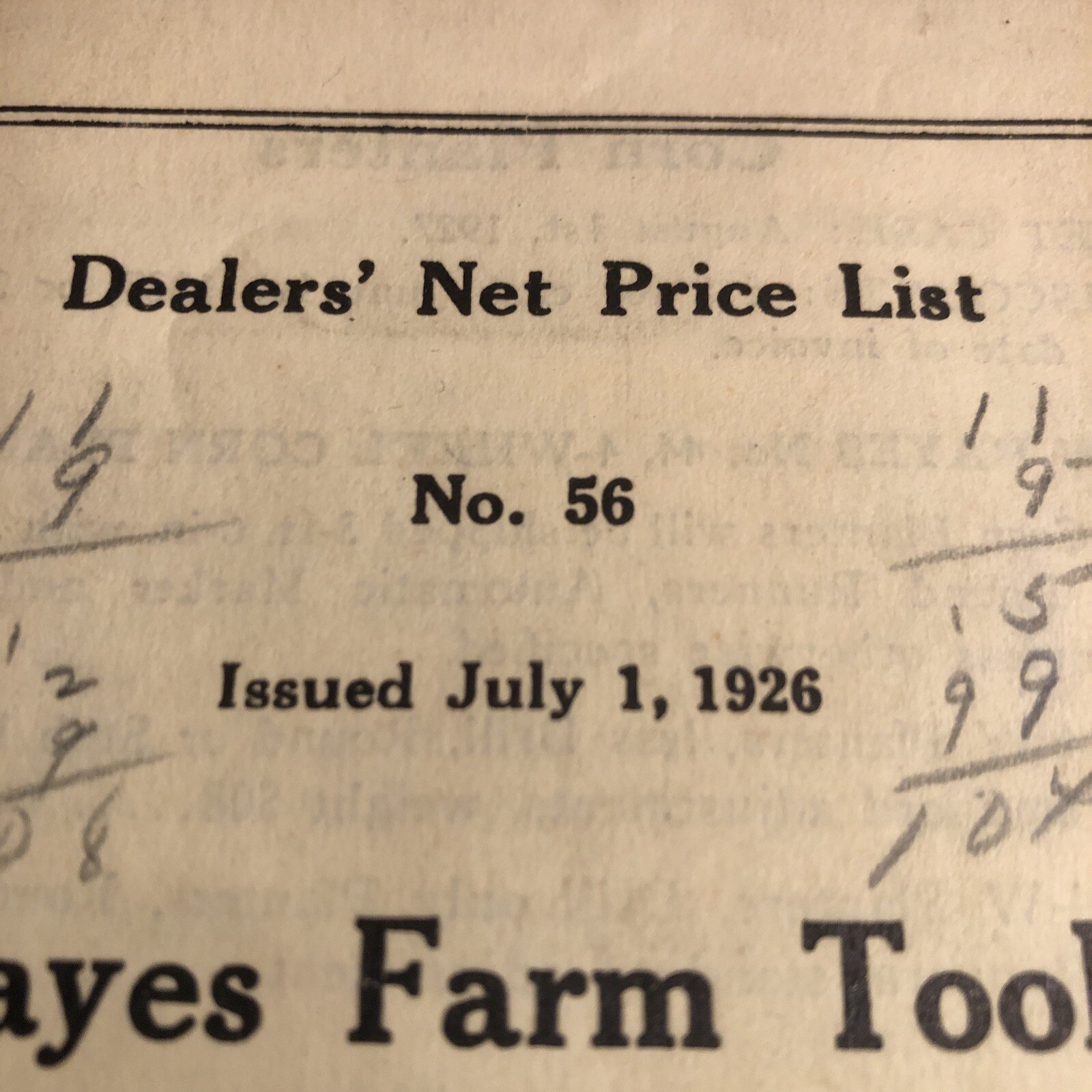 1926 HAYES FARMS TOOLS Dealer&rsquo;s Price List No 56 ~ Pump ~ Galva, IL ~ AUTHENTIC!