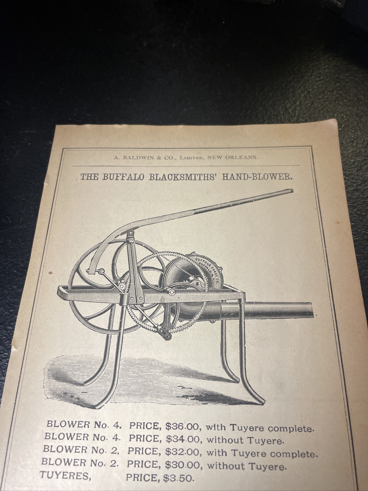 1891 Baldwin – Blacksmith Buffalo Hand Blower – Farm Advertising – New Orleans