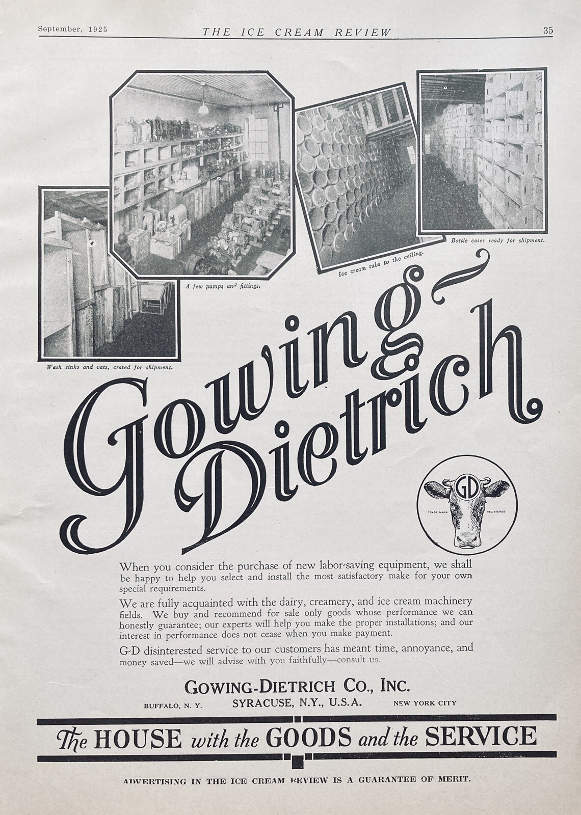 1925 AD.(XF12)~GOWING-DIETRICH CO. SYRACUSE, NY. ICE CREAM DAIRY MACHINERY