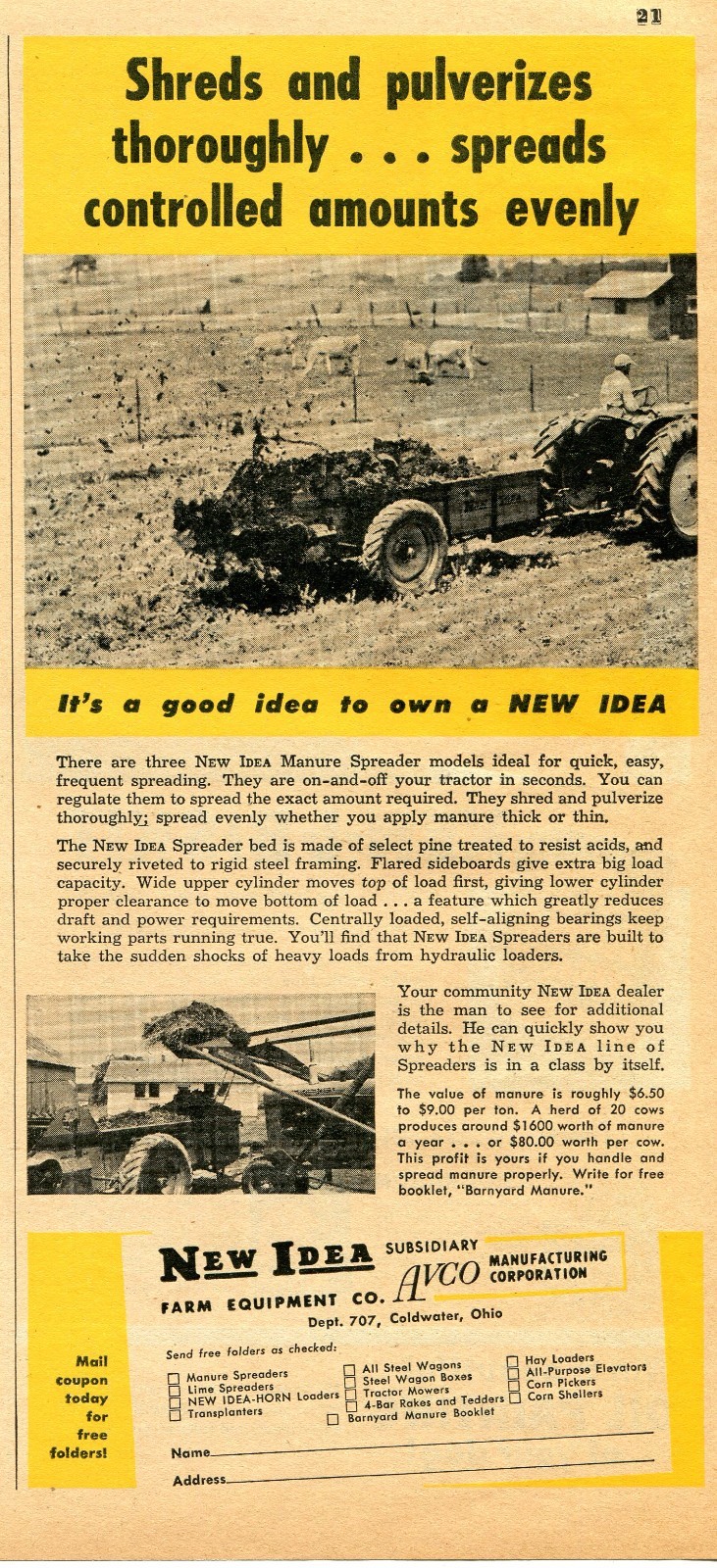1952 Print Ad of Avco New Idea Farm Tractor Manure Spreader