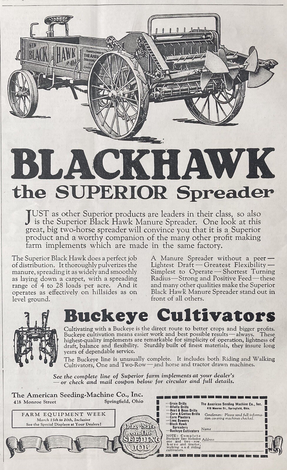 1926 AD.(XG23)~AMERICAN SEEDING MACHINE CO. OHIO. BLACKHAWK SUPERIOR CULTIVATOR