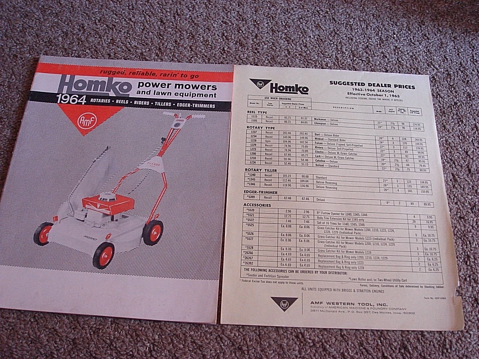 VINTAGE HOMKO 1963-1964 LAWN MOWER TRACTOR TILLER DEALER SALES BROCHURE LOT #2