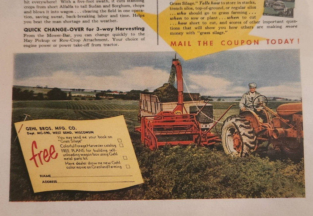 GEHL farm forage harvester 1953 Original Vintage print ad