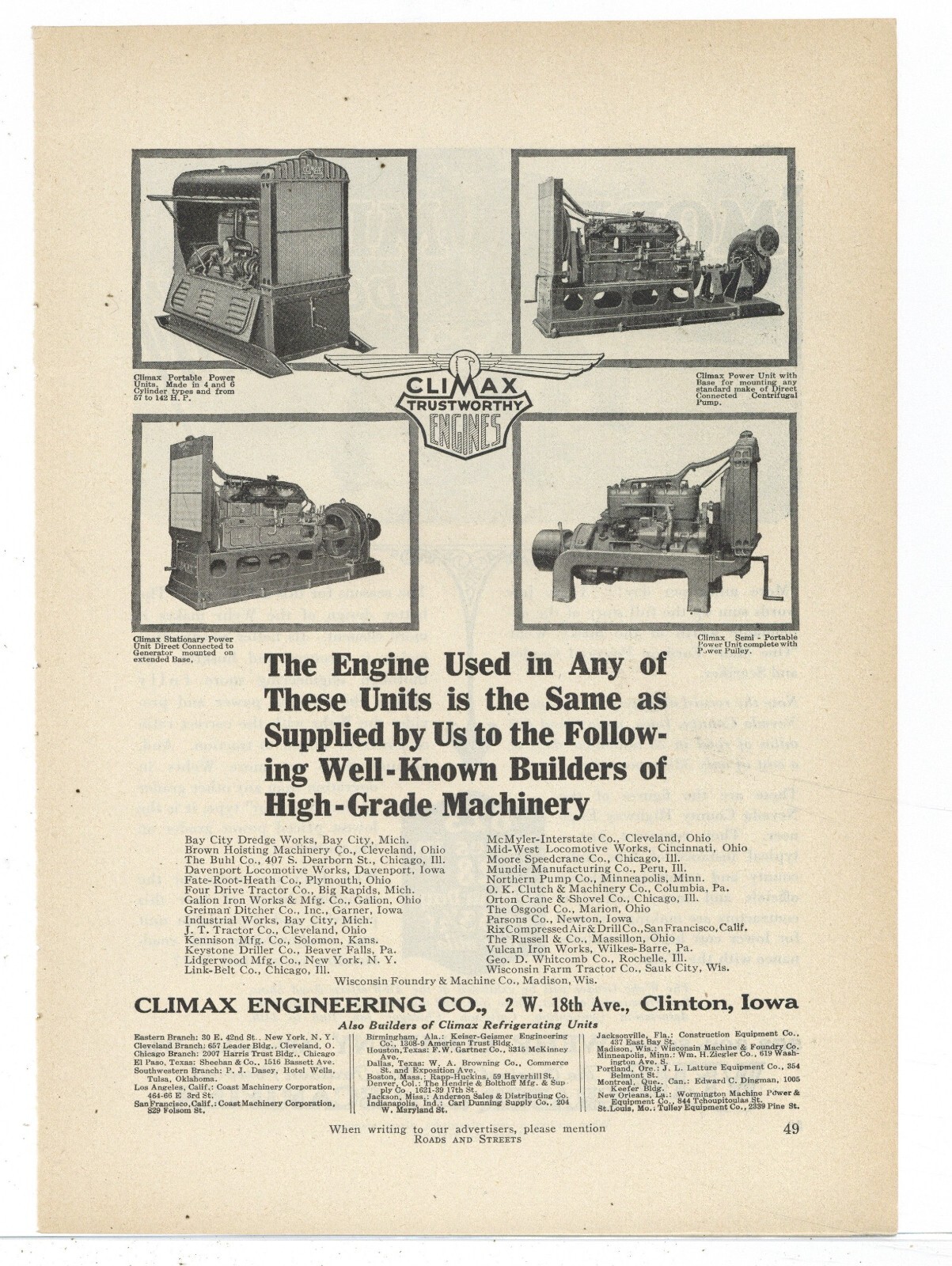 1926 Climax Engineering Ad: Stationary Engines & Power Units – Clinton, Iowa