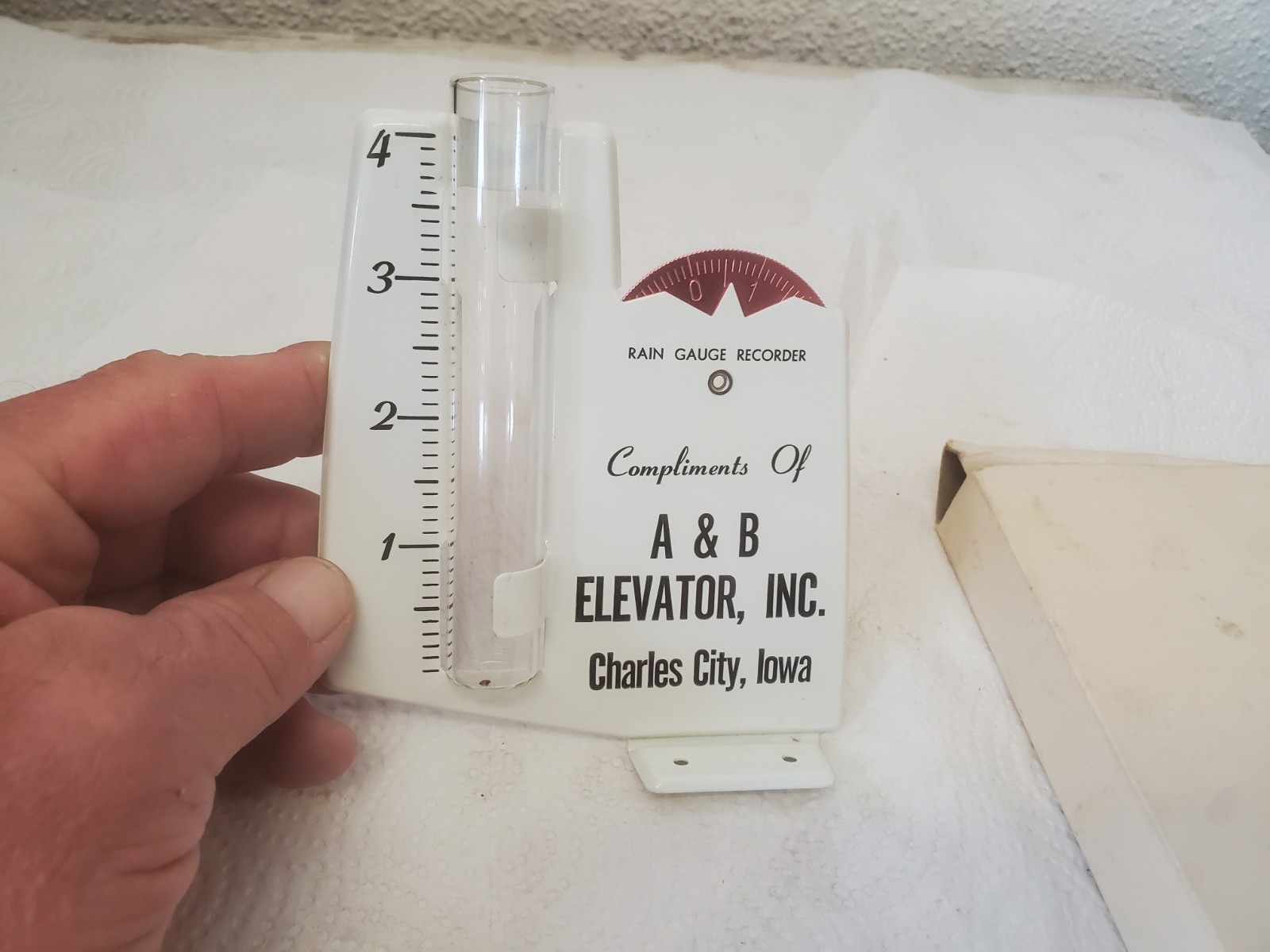 Metal Rain Guage A & B elevator Inc. Charles City Iowa Feed Grain Farm Decor