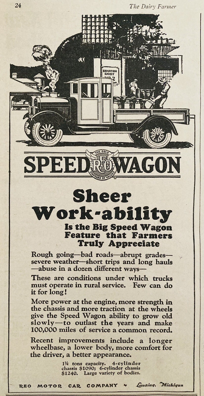 1926 AD.(XH75)~REO MOTOR CAR CO. LANSING, MI. REO SPEED WAGON FARM TRUCK