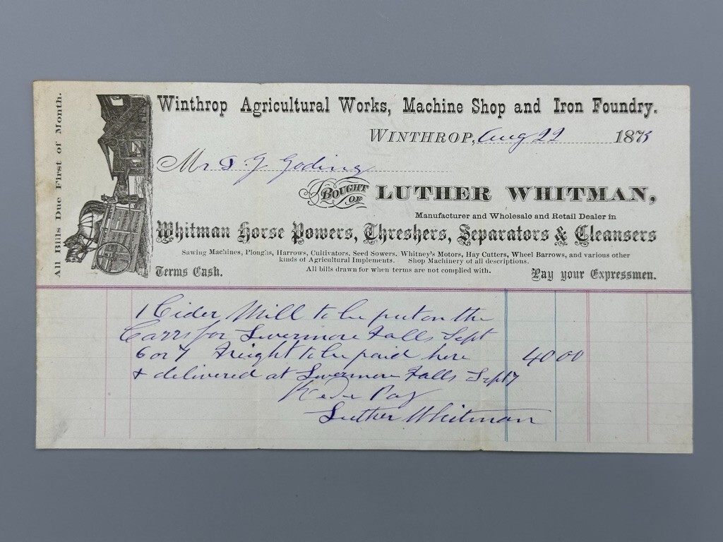 1873 WINTHROP AGRICULTURAL WORKS Whitman THRESHER Farm Advertising Billhead