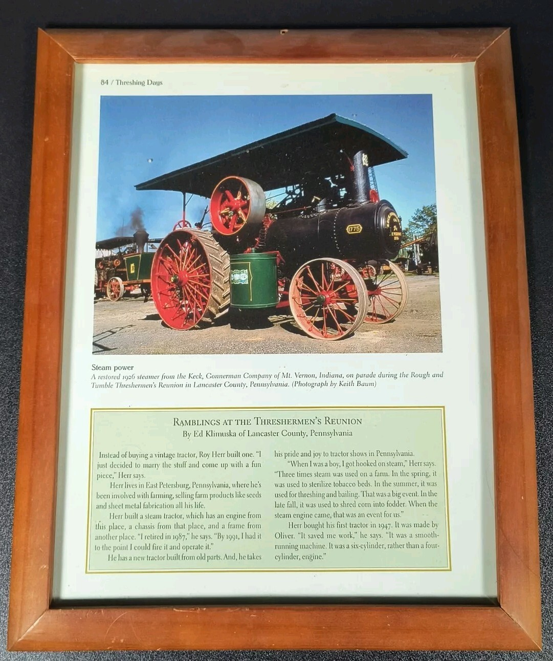 Antique 1926 Keck Steam Tractor Framed Picture 8 1/2 X 11