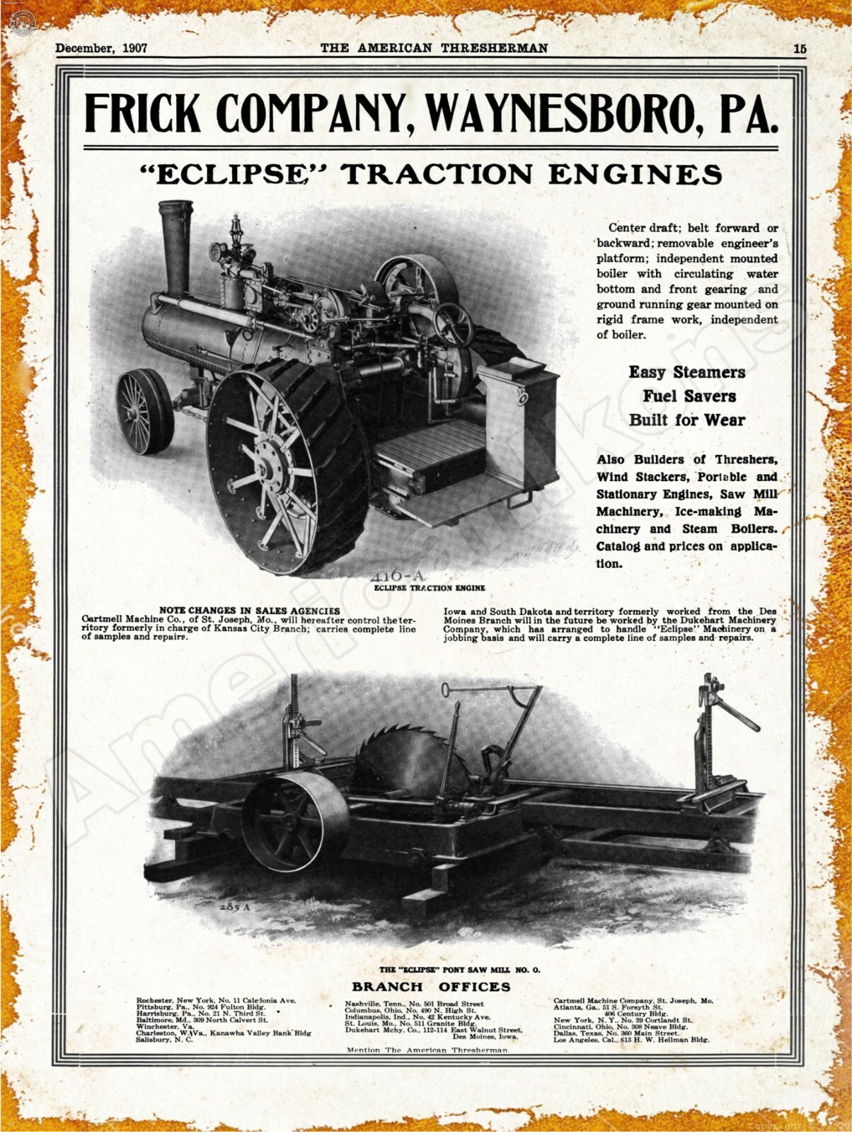 1907 Frick Eclipse Traction Engine New Metal Sign: Waynesboro, Pennsylvania