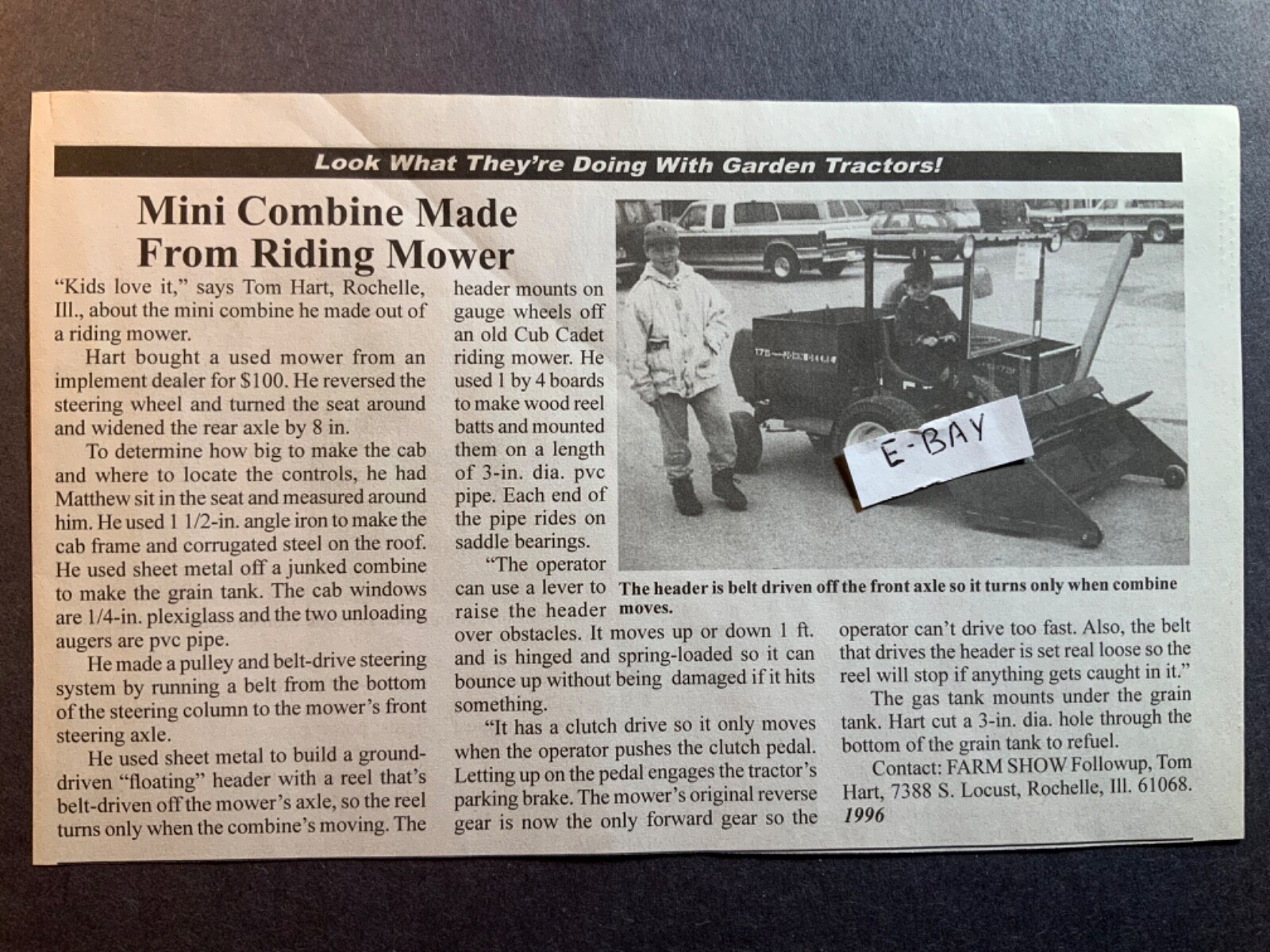 1996 Magazine Article. Tom Hart. Rochelle, Ill. Mini Combine lawn mower