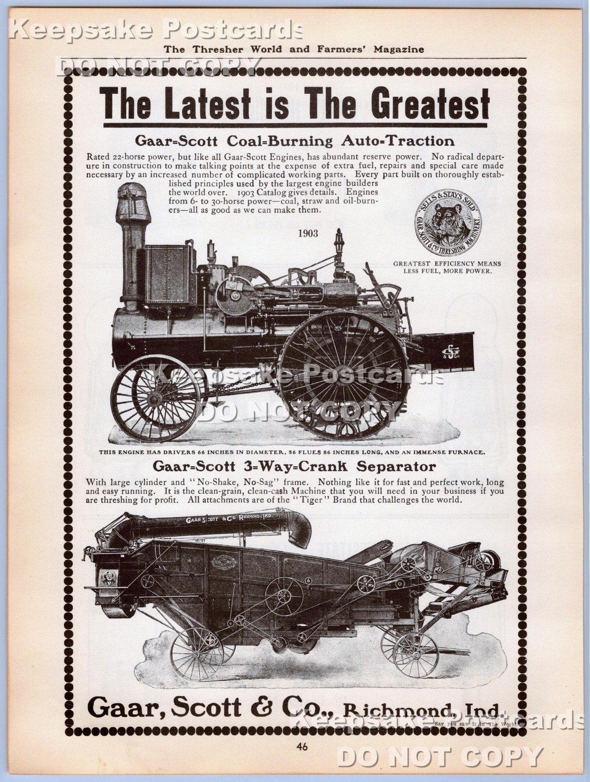 Gaar Scott & Co. Richmond IN Print Ad: Coal Buring Traction Engine & Separator