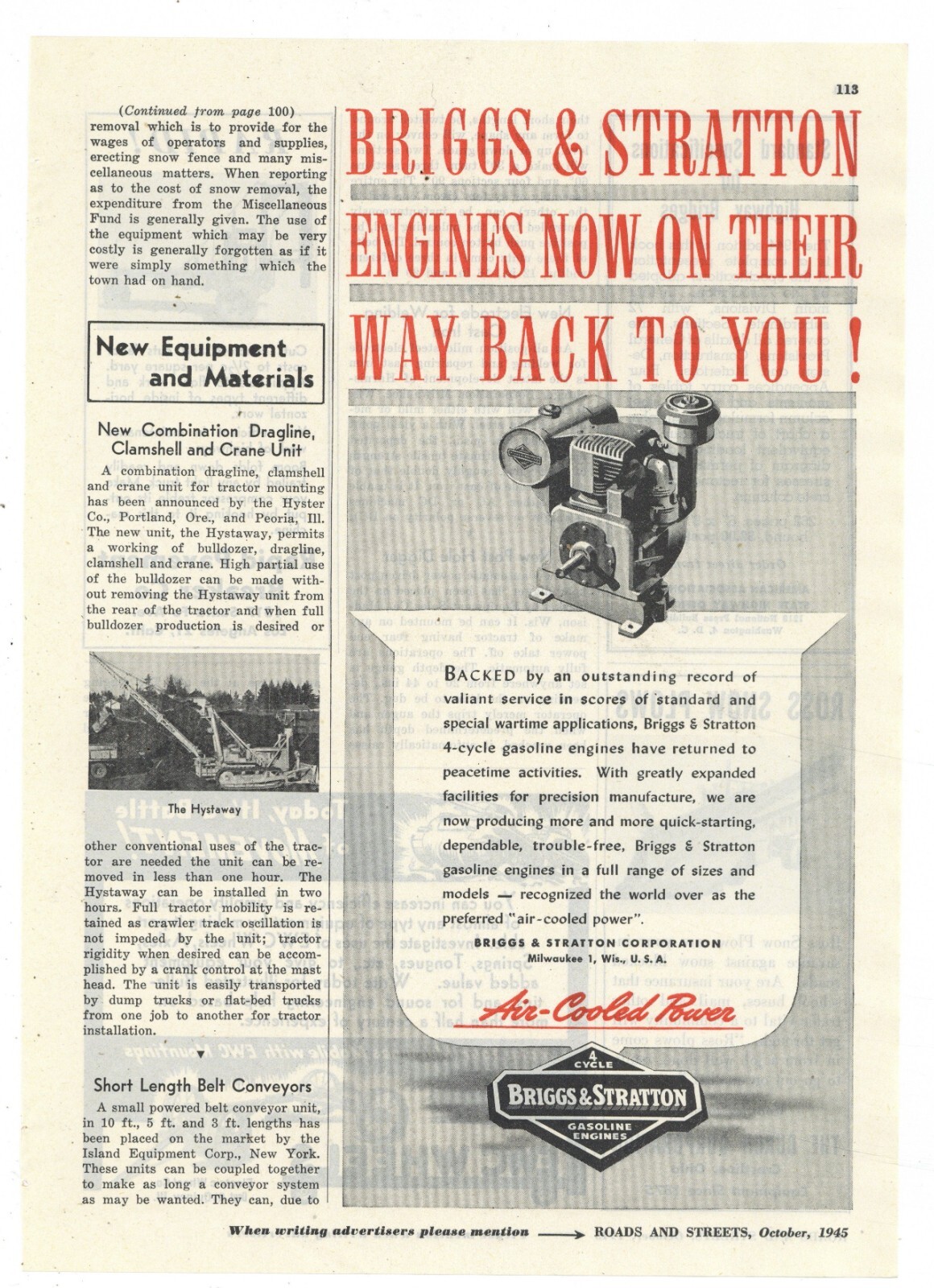 1945 Briggs & Stratton Engine Ad; 4 Cycle Gasoline Engines back after end of WW2