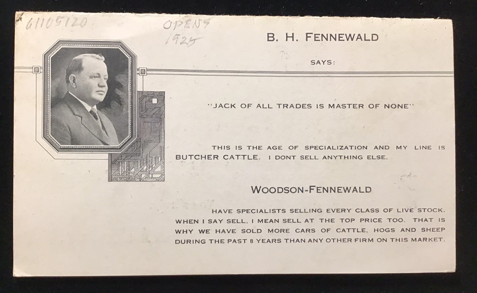 1925 NATIONAL STOCK YARDS IL WOODSON-FENNEWALD LIVE STOCK COMMISSION HOG PRICING