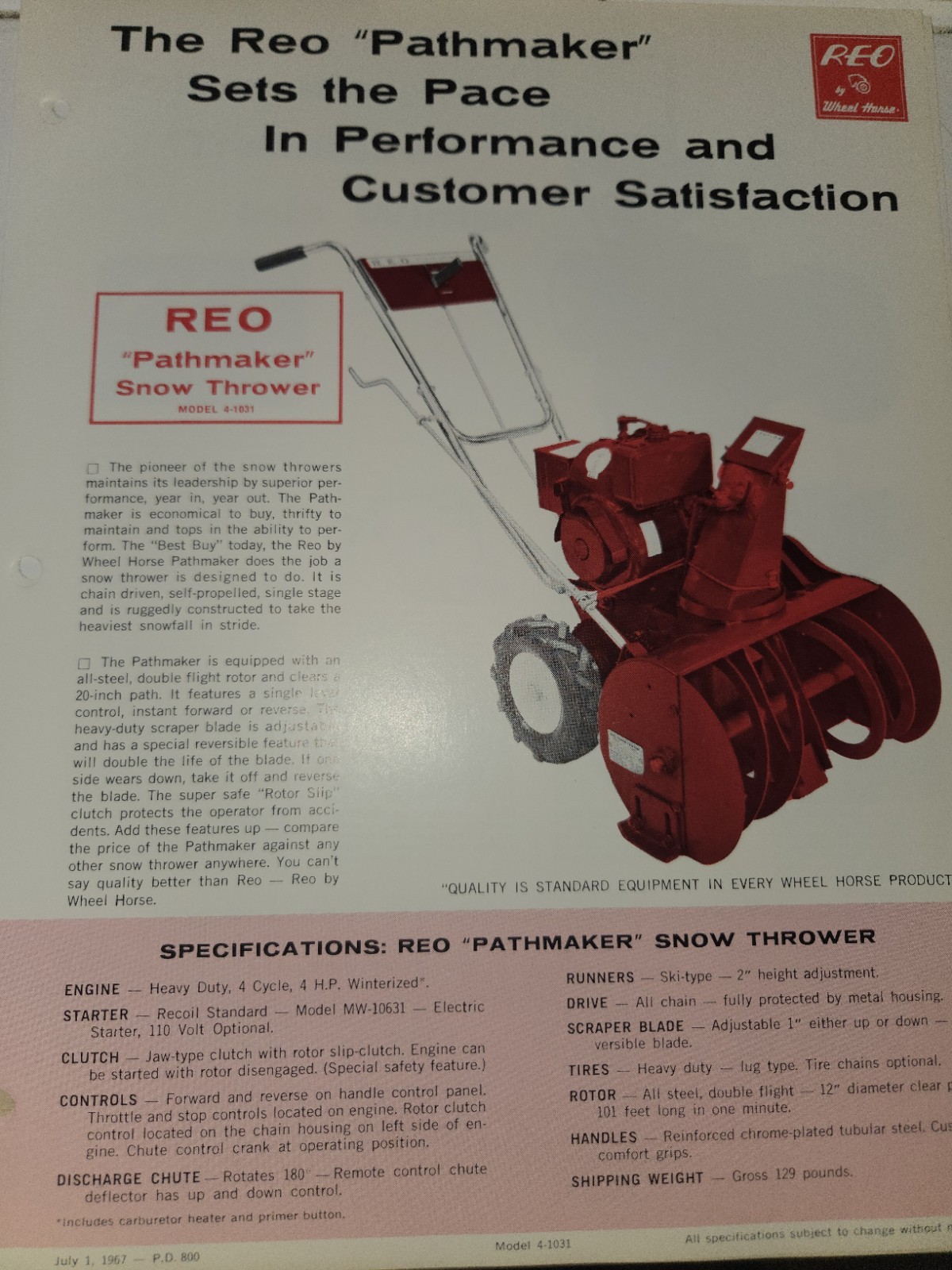 1960s REO WHEEL HORSE PATHMAKER SNOW THROWER DEALER AD WITH SPECIFICATIONS