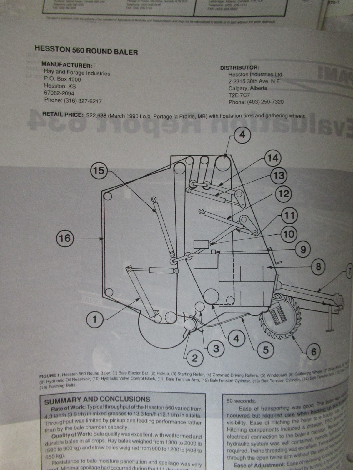 1990 Hesston 560 Round Baler Evaluation Report Data Brochure