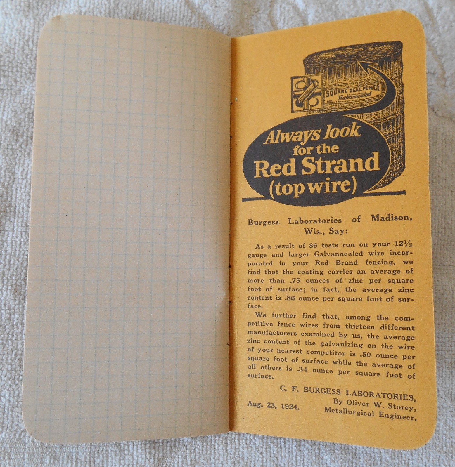 Square Deal Red Strand Fence Advertising Keystone Steel & Wire Co. Peoria, Ill.