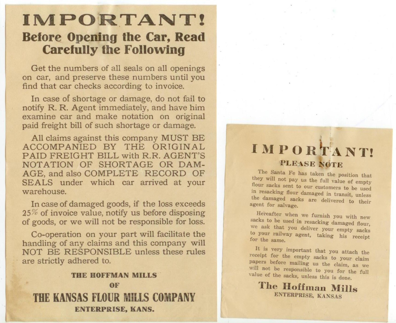 1919 Enterprise Kansas Hoffman Mills letterheads and notices – Fanchon Flour