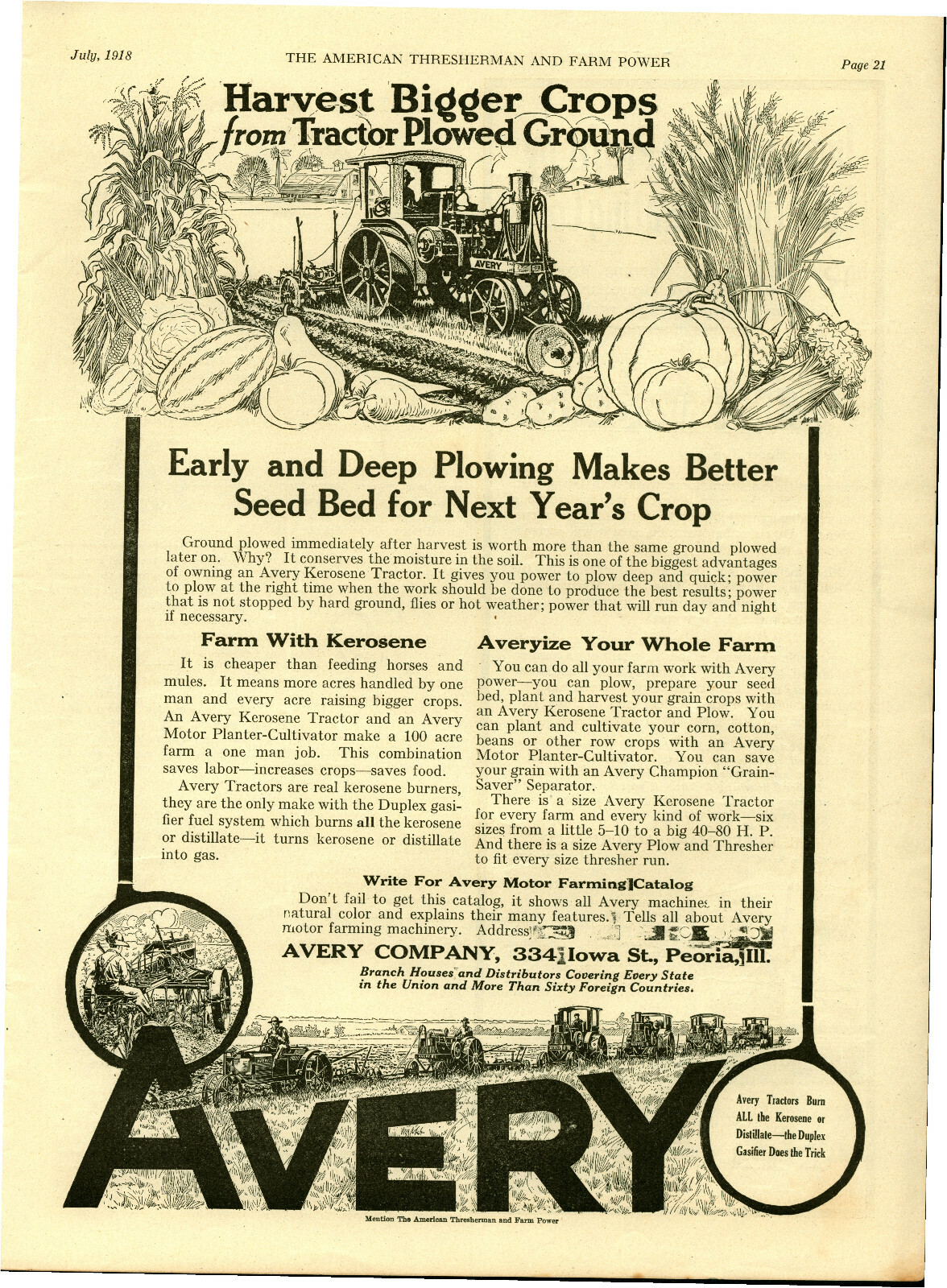 1914 Avery Company Ad: Avery Kerosene Tractor – Iowa St., Peoria, Illinois