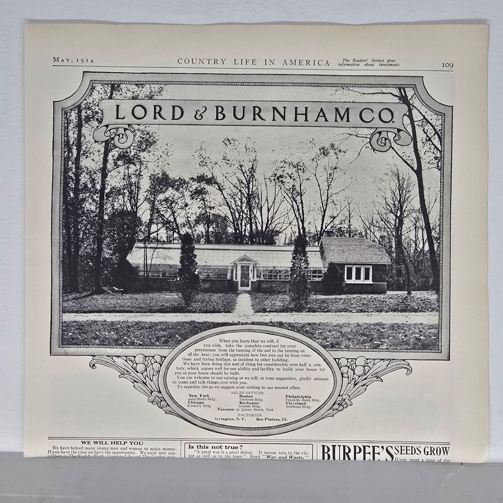 1914 Lord & Burnham Greenhouses Vintage Ad Glass Garden Gardening Agriculture