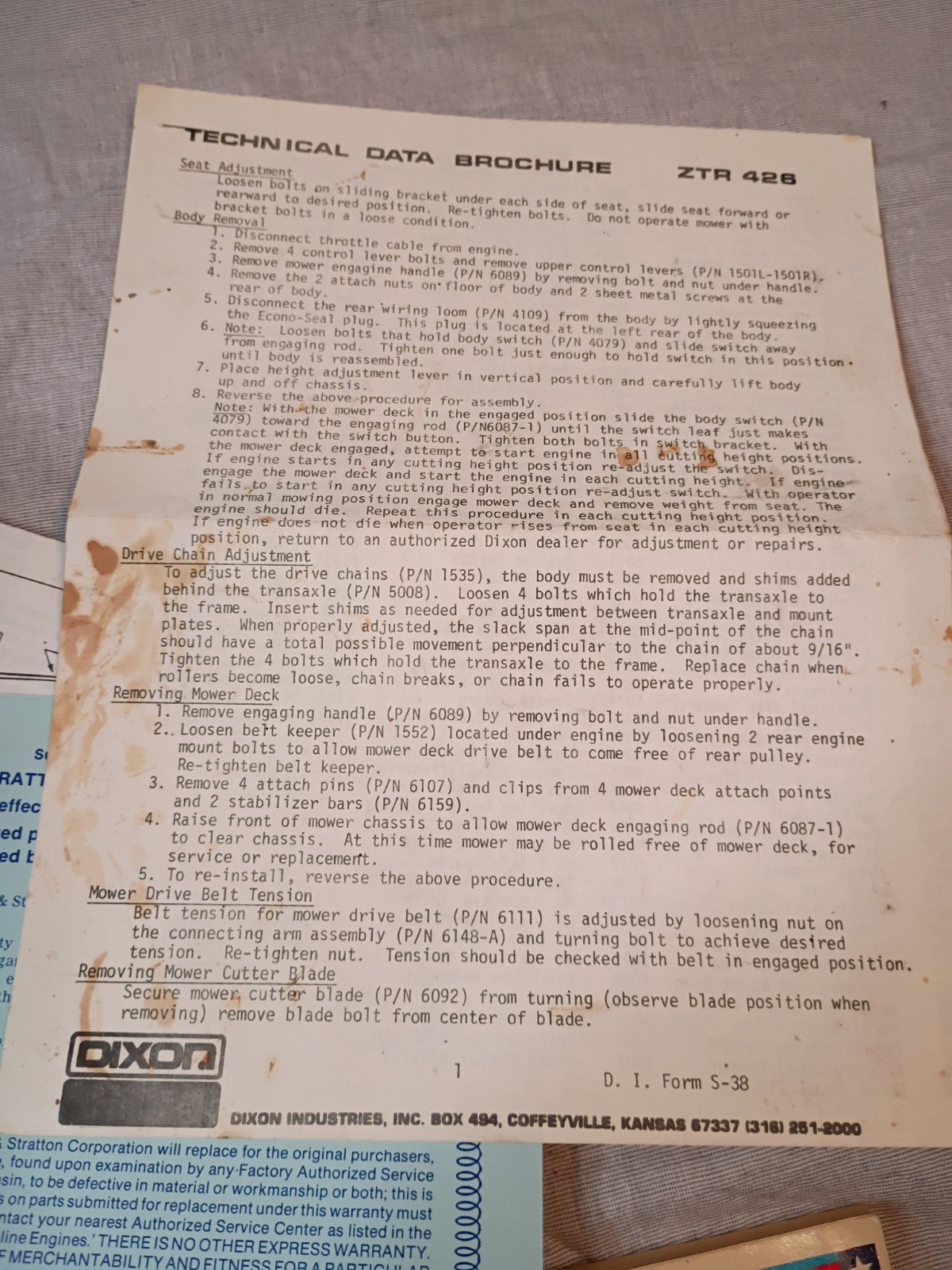 Dixon Zero Turn Mower ZTR-426 Operator&rsquo;s manual and repair sheets VTG
