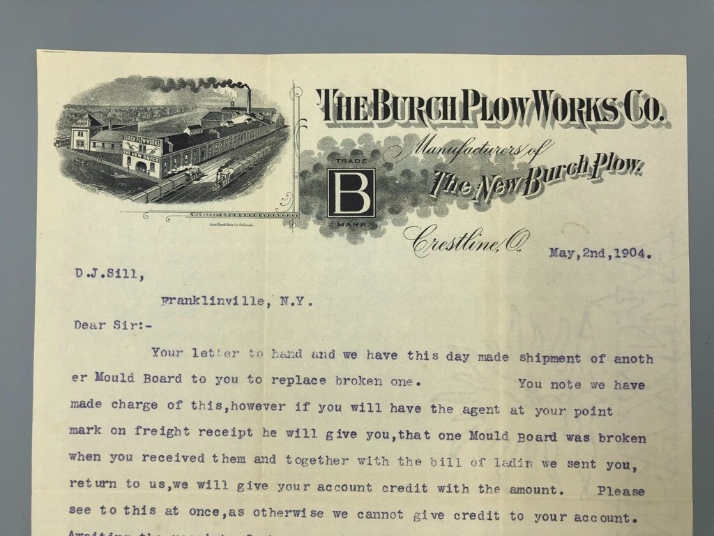 1904 BURCH PLOW WORKS Co Letterhead Antique Farm Advertising CRESTLINE OHIO