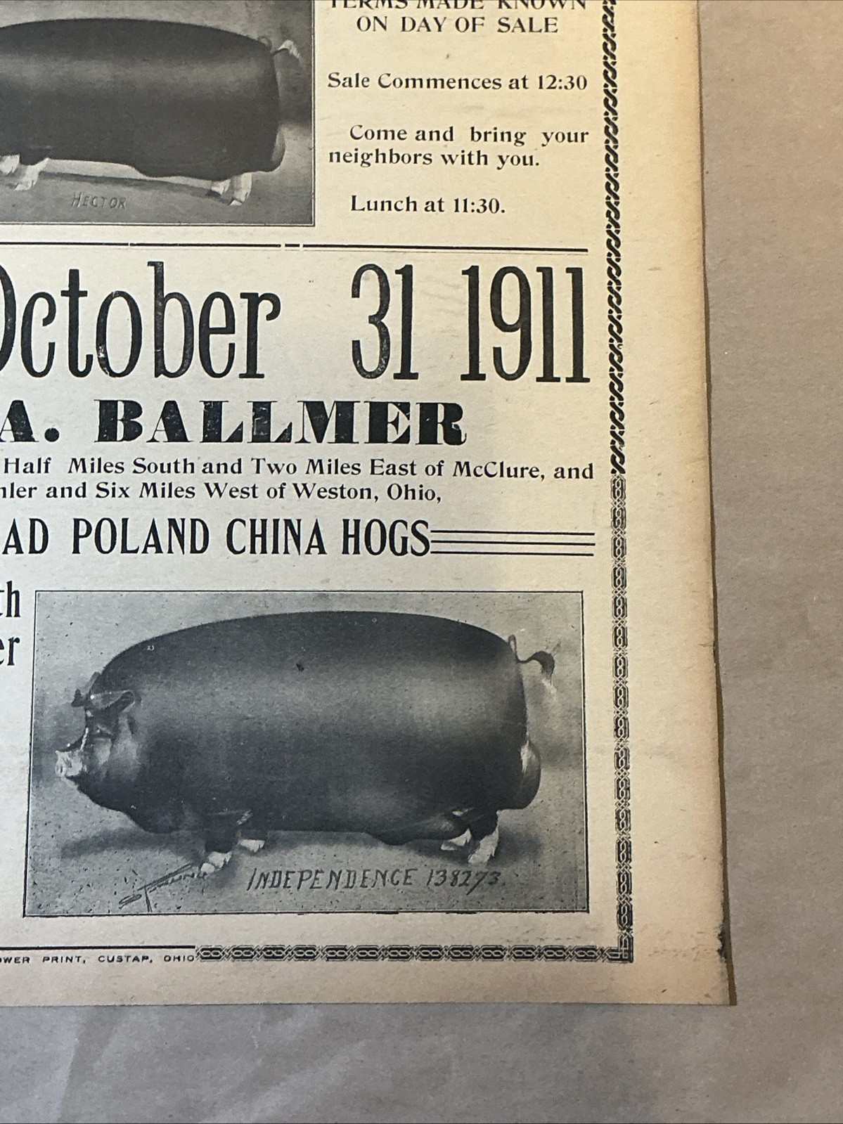 Antique 1911 Original Auction Poster China Hog Public Sale Ohio As Is INV-AC07Z