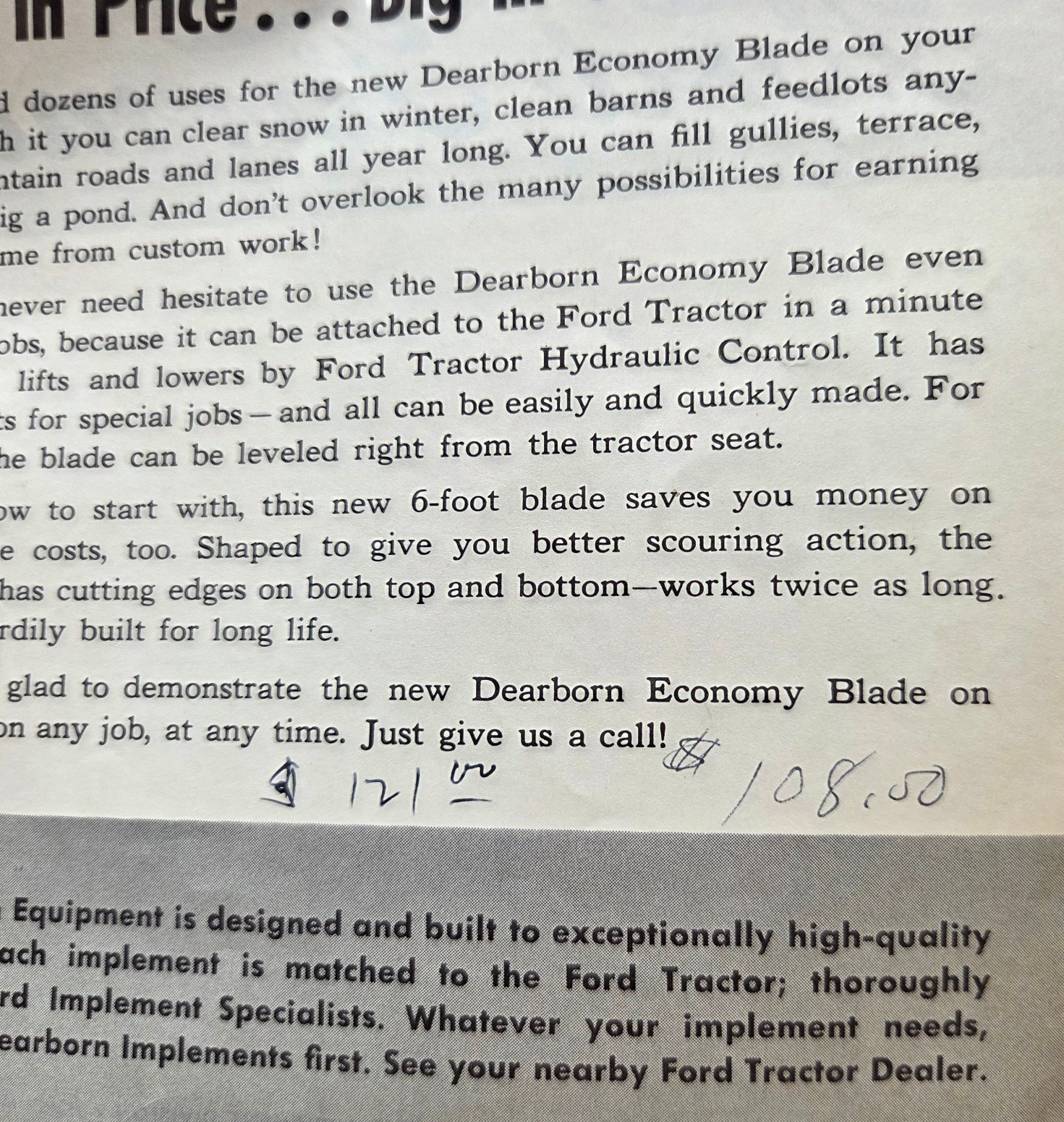 1959 FORD TRACTOR DEARBORN FARM EQUIPMENT ECONOMY BLADE SALES ADVERTISEMENT