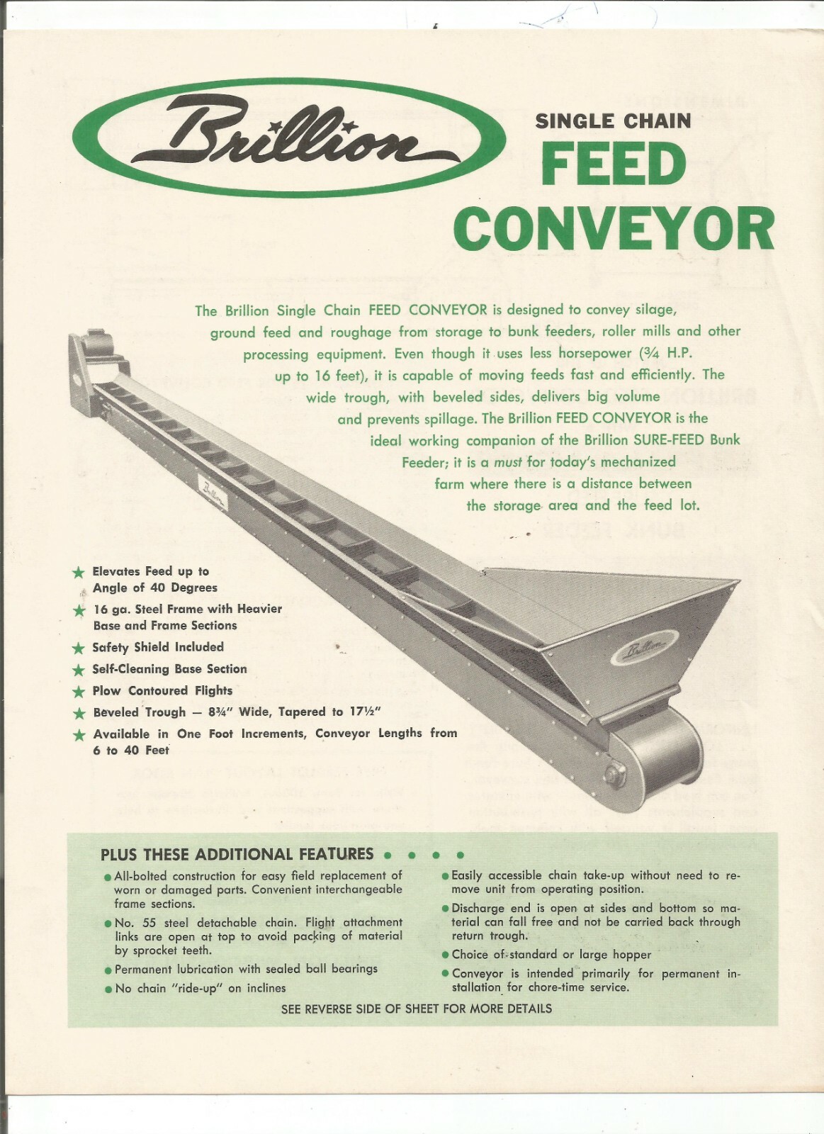 Original Brillion Single Chain Feed Conveyor Sales Brochure Form Number 1007