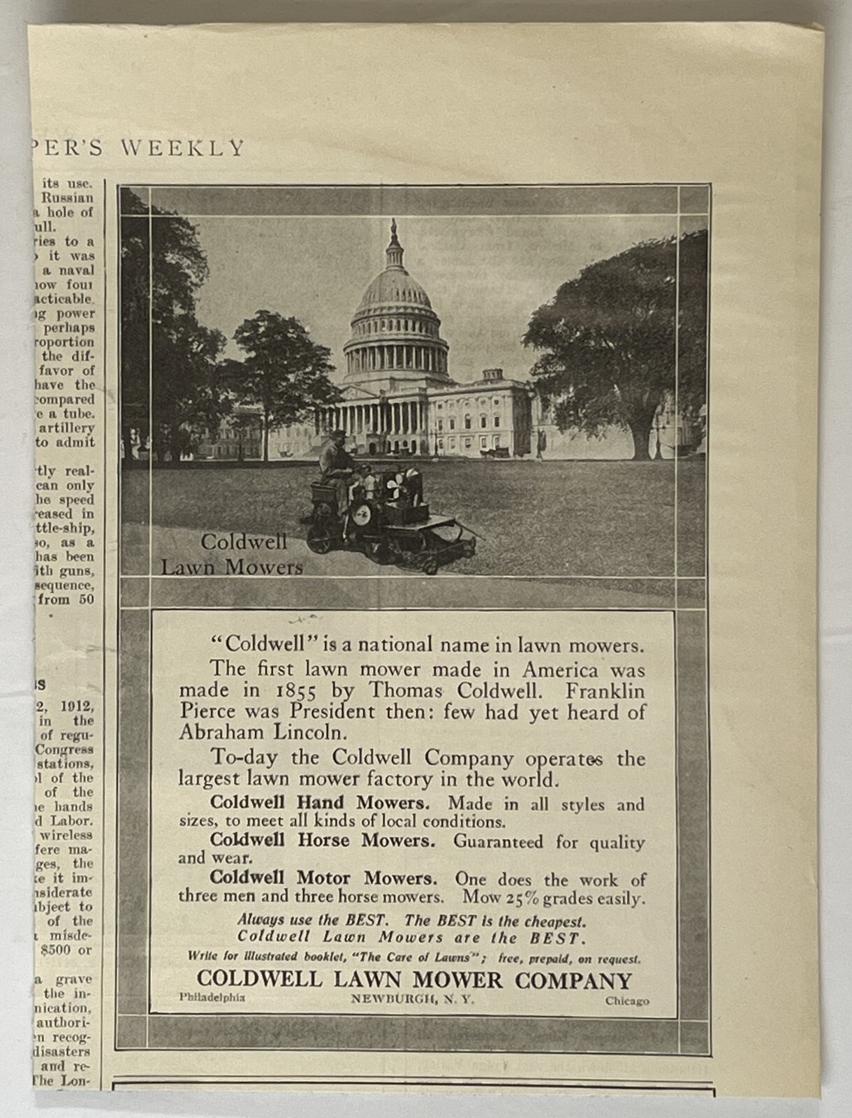 1913 Coldwell Lawn Mowers PRINT AD Newburgh N. Y. Capital Building Lawn