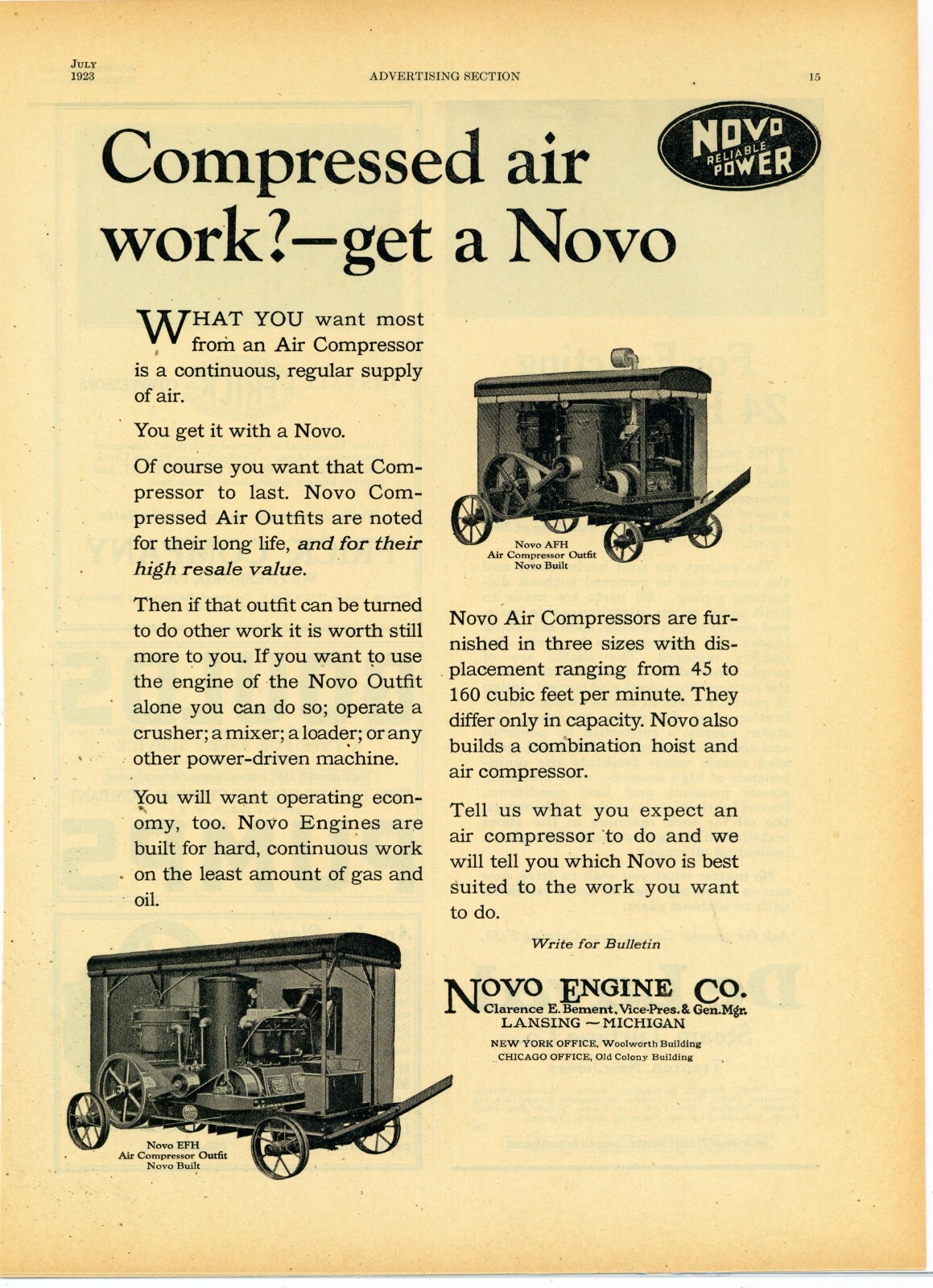 1923 Novo Engine Co. Ad: AFH & EFH Novo Air Compressors – Lansing, Michigan
