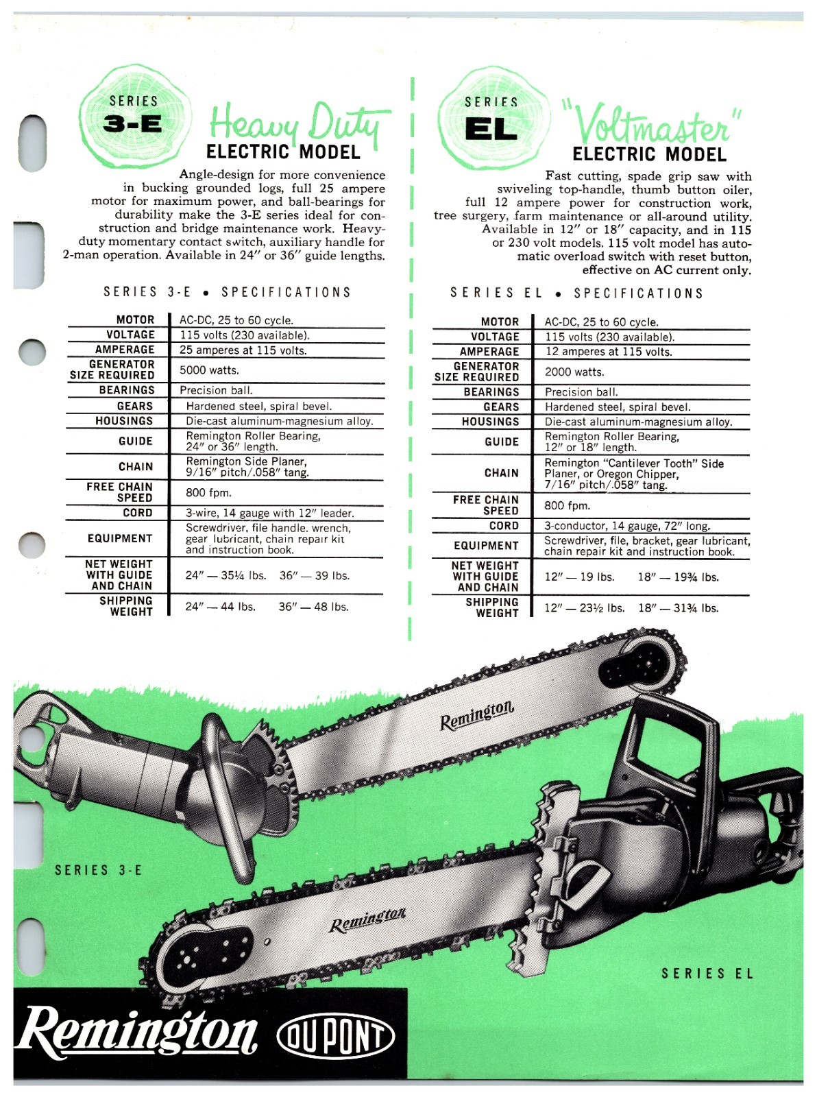 Remington Electric Chainsaws (Model 3-E / EL / 1-P / 6-P ) Sales Info Sheet