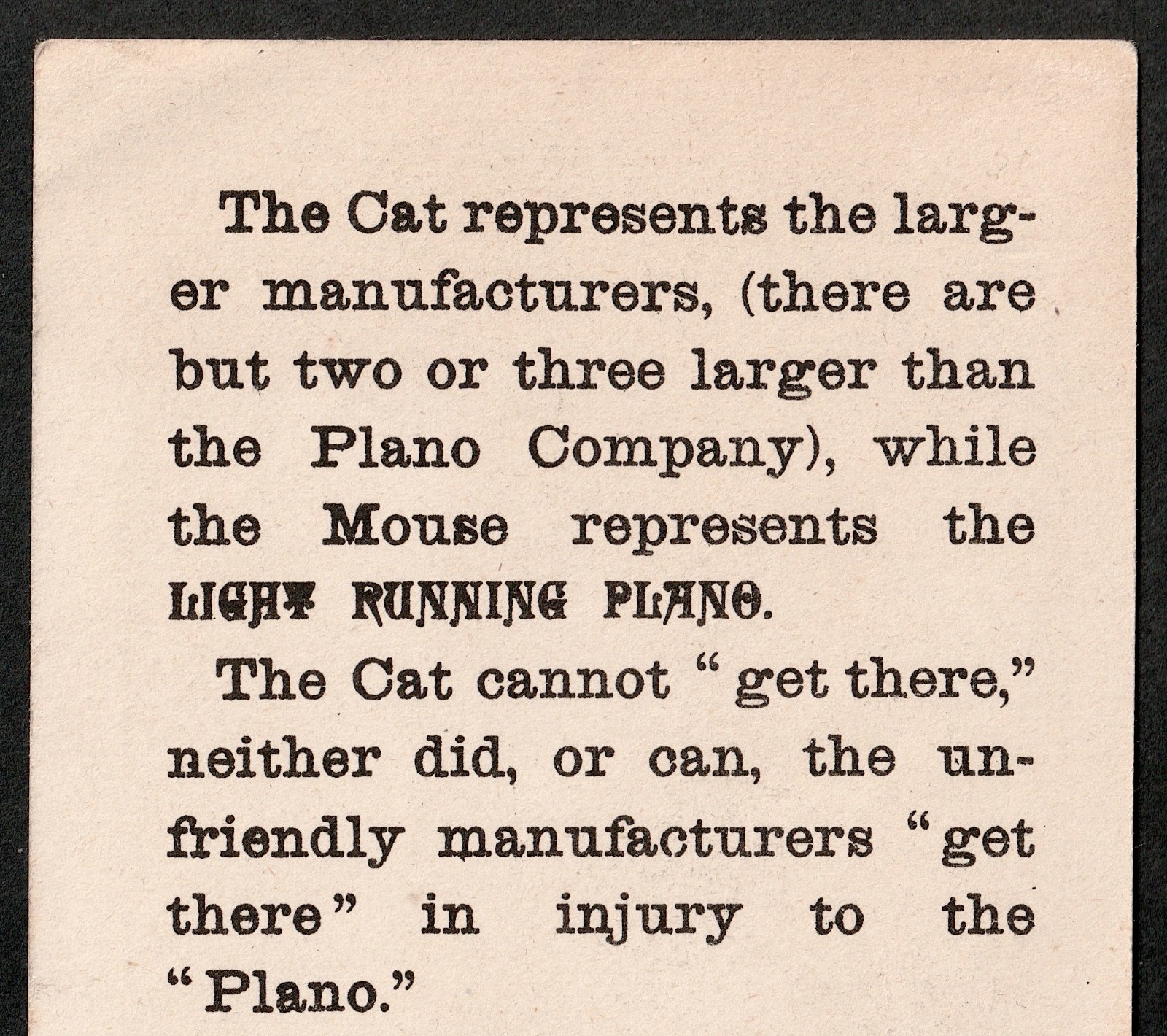 Odd Victorian Humor Cat & Mouse Farm Chase Plano Mfg Protection IL Trade Card LD