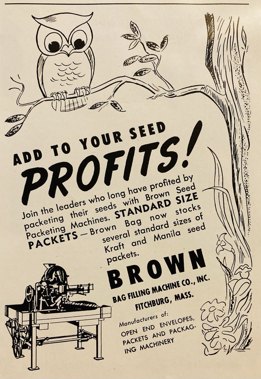 1950 AD.(XH83)~BROWN BAG FILLING MACHINE CO. FITCHBURG, MASS. SEED BAG PACKETS