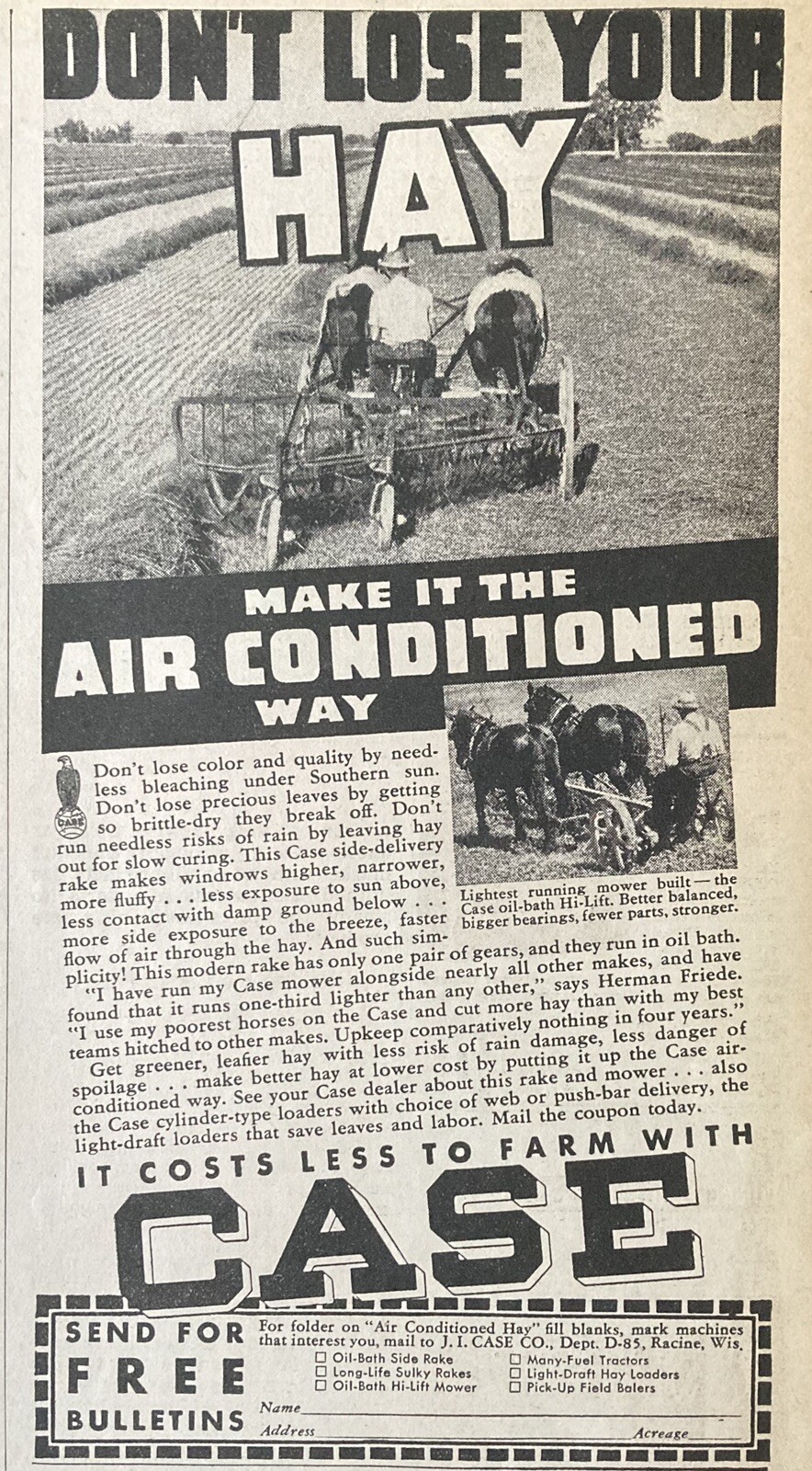 1938 AD.(XG5)~J.I. CASE CO. RACINE, WIS. CASE SIDE DELIVERY HORSE DRAWN RAKES
