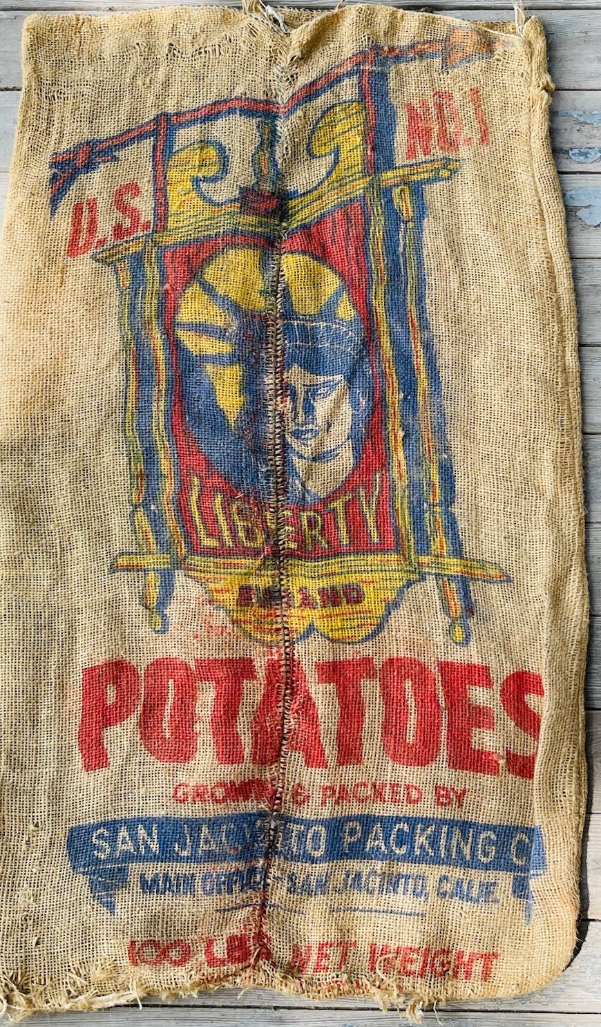 LADY LIBERTY BRAND POTATOES BURLAP BAG U.S. NO. 1 RUSTIC 100 LBS SAN JACINTO, CA