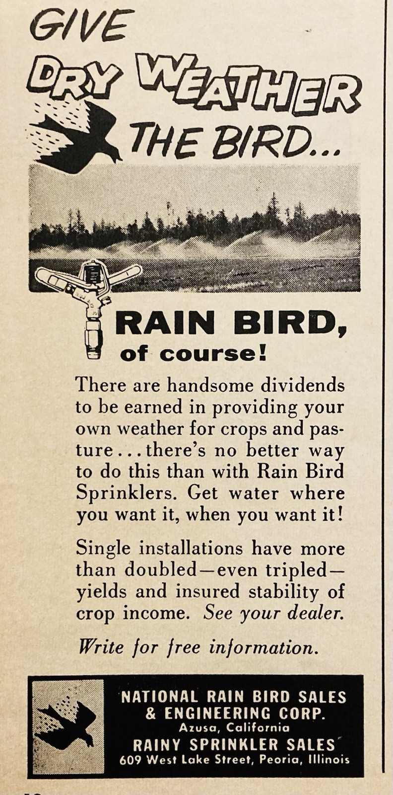 1960 AD.(PC11)~NATIONAL RAIN BIRD CO. AZUSA, CA. RAIN BIRD FIELD SPRINKLER