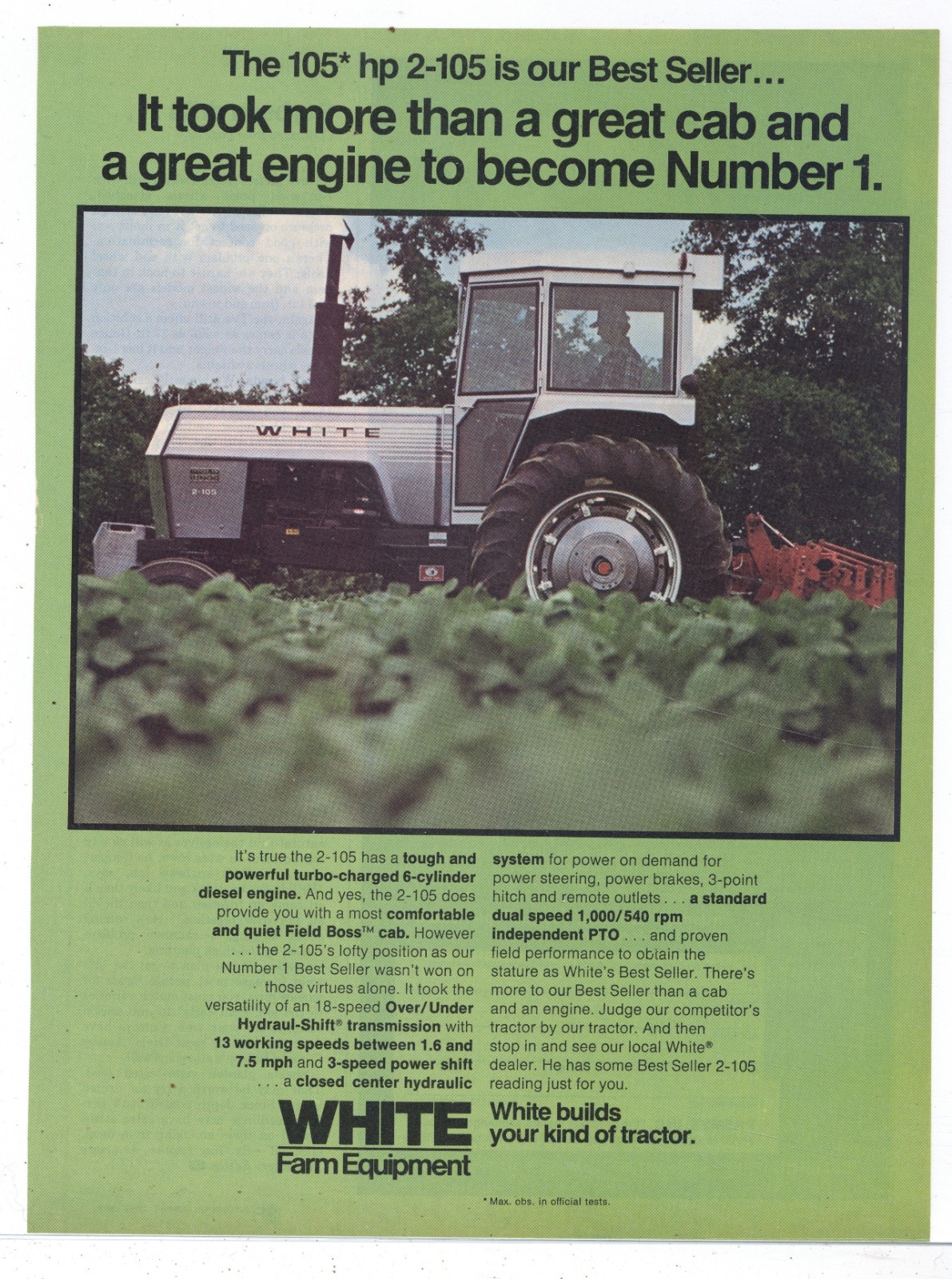 1977 White Farm Equipment Ad: Model 2-105 w. Field Boss Cab Pictured, Specs