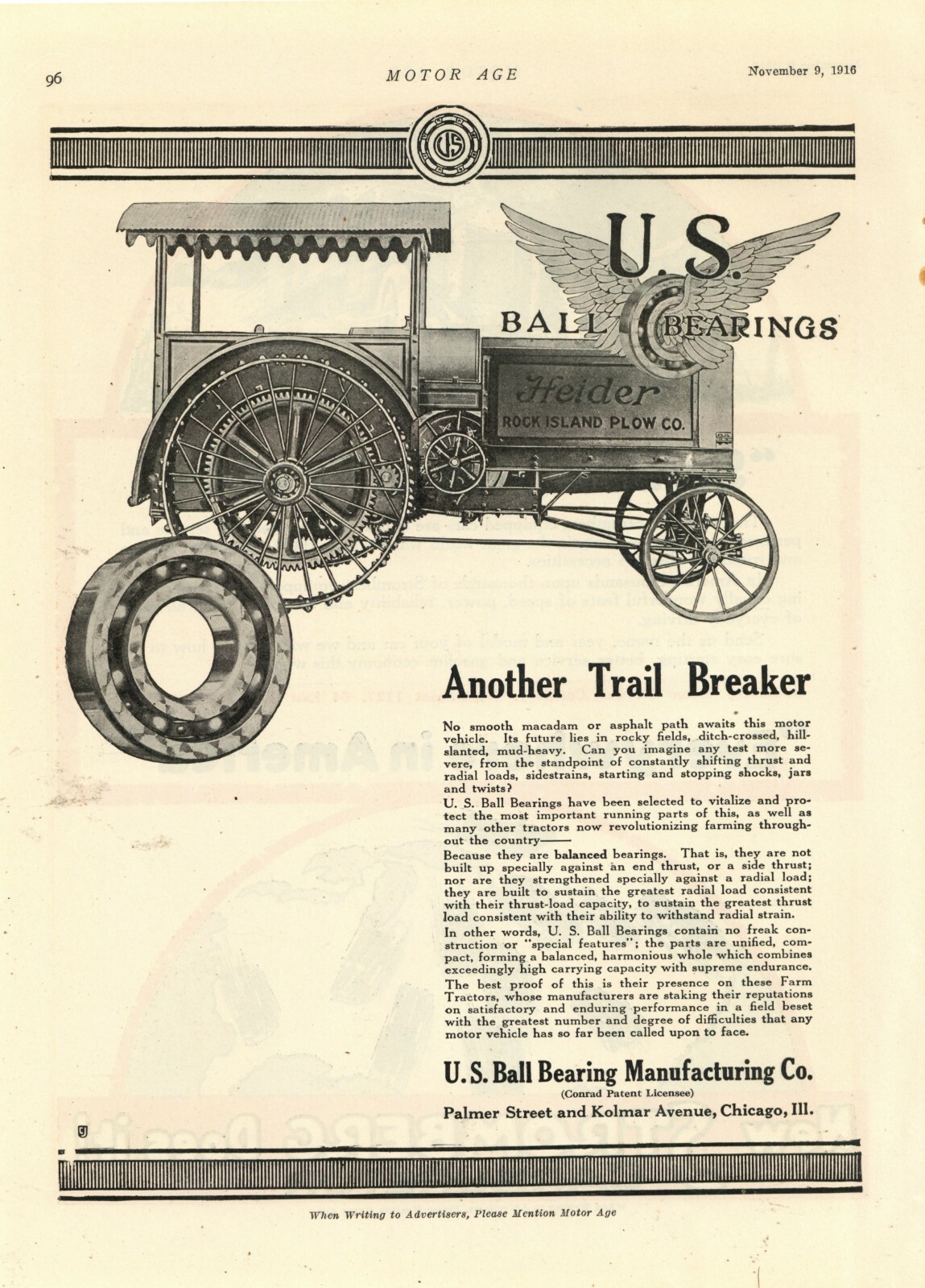 1916 US Ball Bearings of Chicago Ad: Heider Tractors Rock Island Plow Co Feature