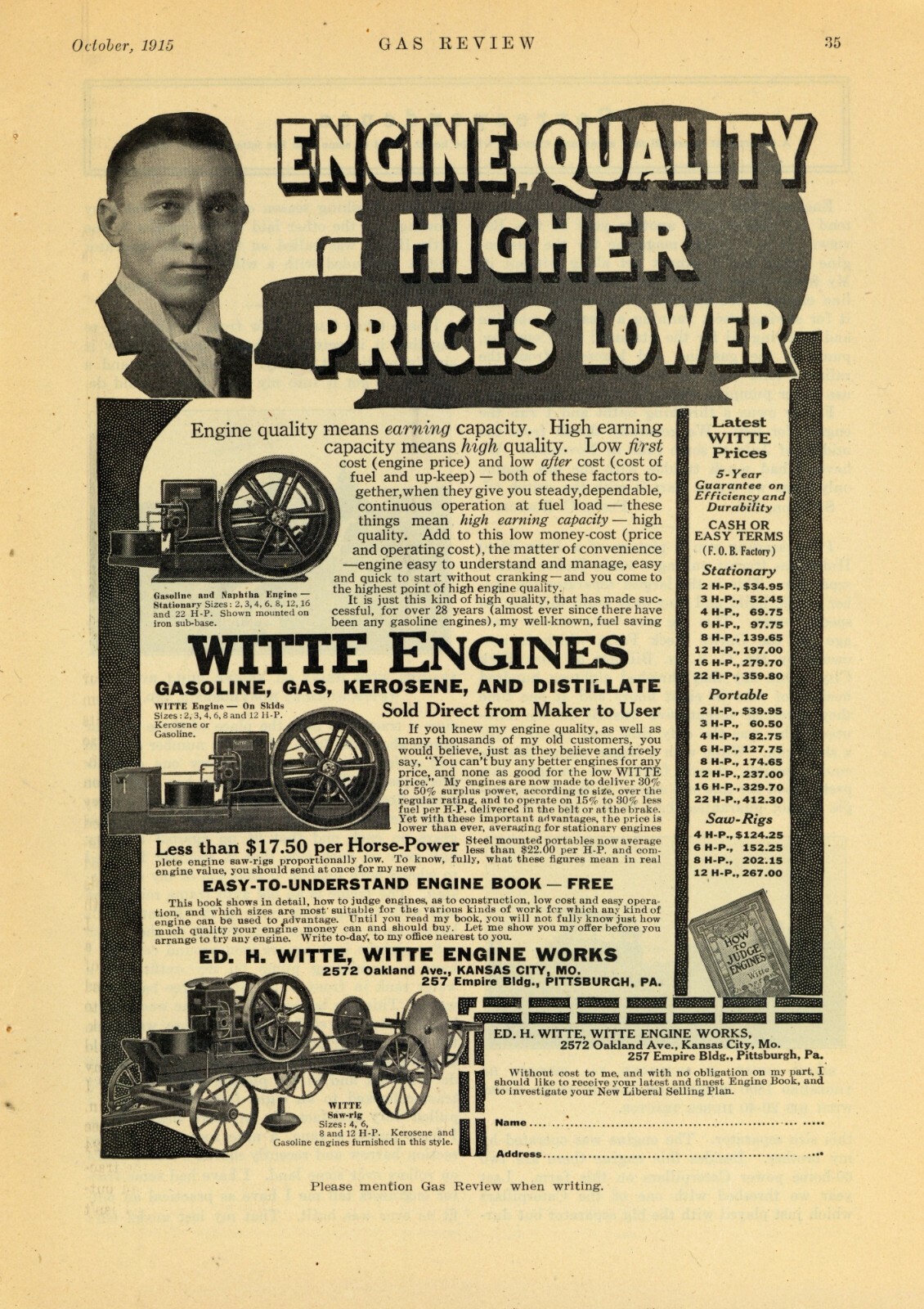 1915 Witte Engine Works Ad: Gasoline & Naphtha Engines – Kansas City, Missouri