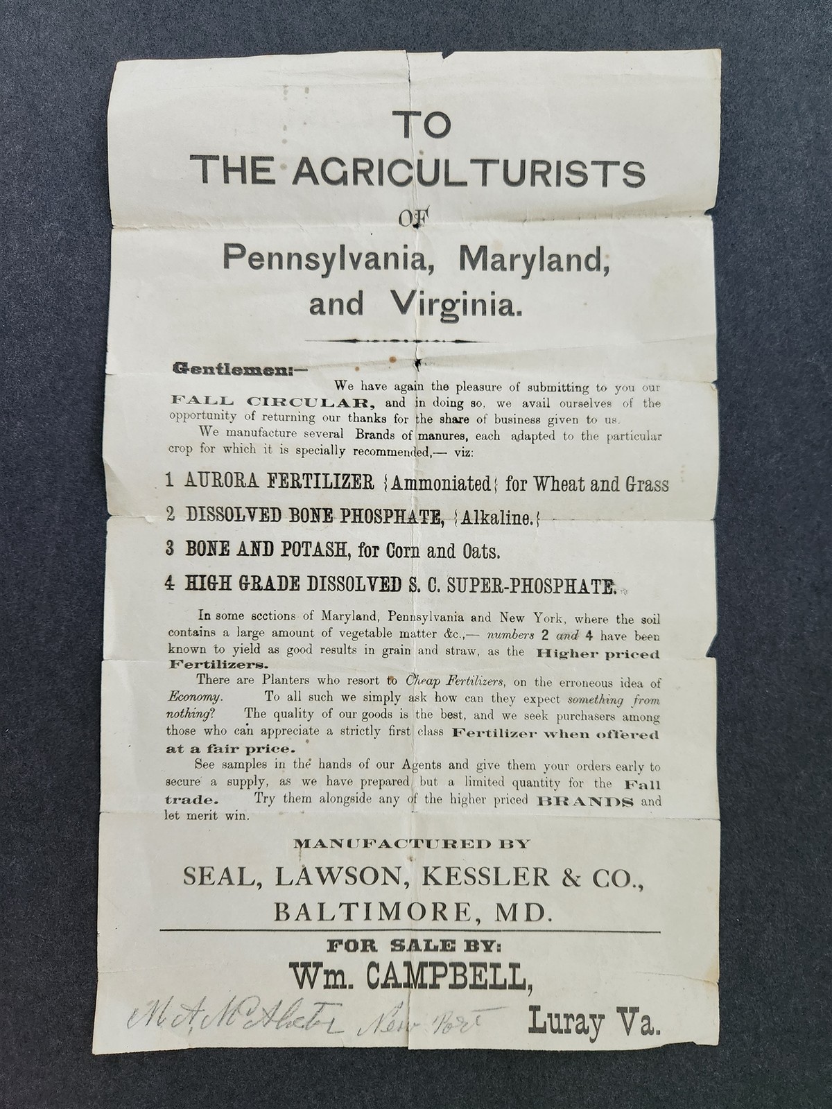 1800s antique MANURE BROADSIDE baltimore md SEAL LAWSON KESSLER luray va CAMPBEL