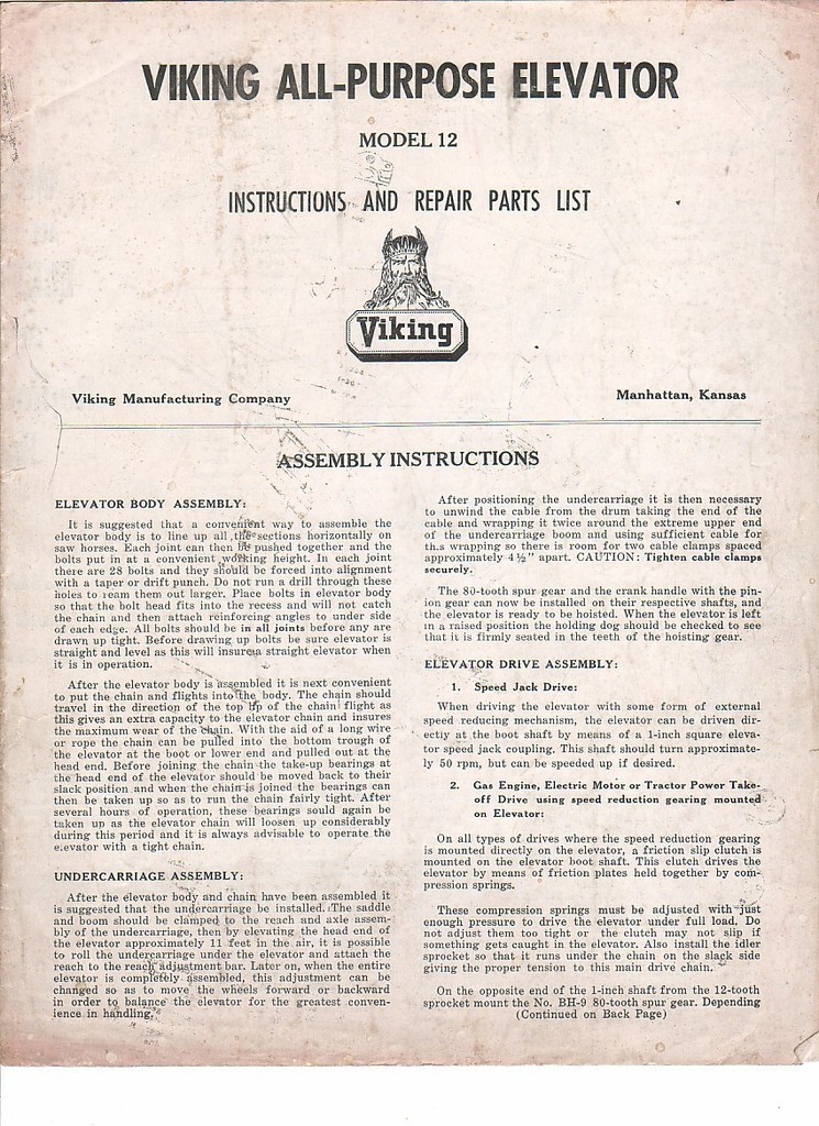 Farm Equipment Brochure – Viking – Elevator – 12 Parts List – Manhattan (FB265)