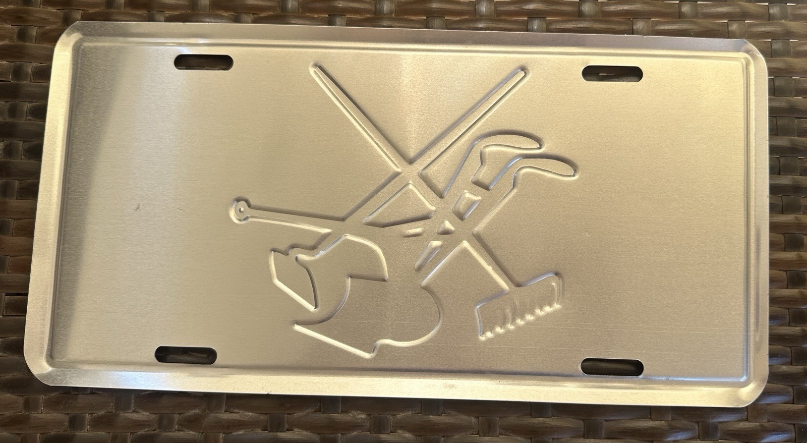 Vintage Farmers Union Embossed Metal Sign Plate Plow Rake Hoe NOS