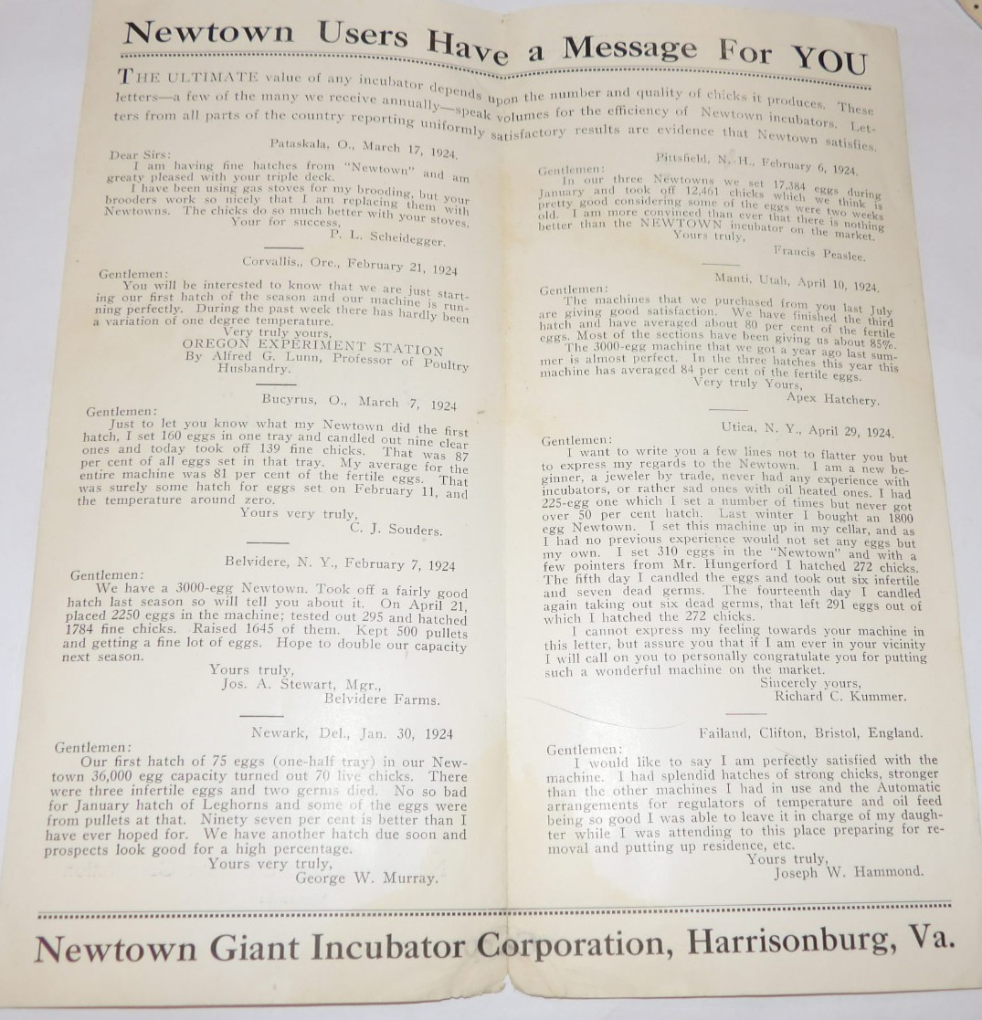 VINTAGE 1925 NEWTOWN OIL LAMP-HEATED INCUBATORS BROCHURES! 4 PCS/HARRISONBURG,VA
