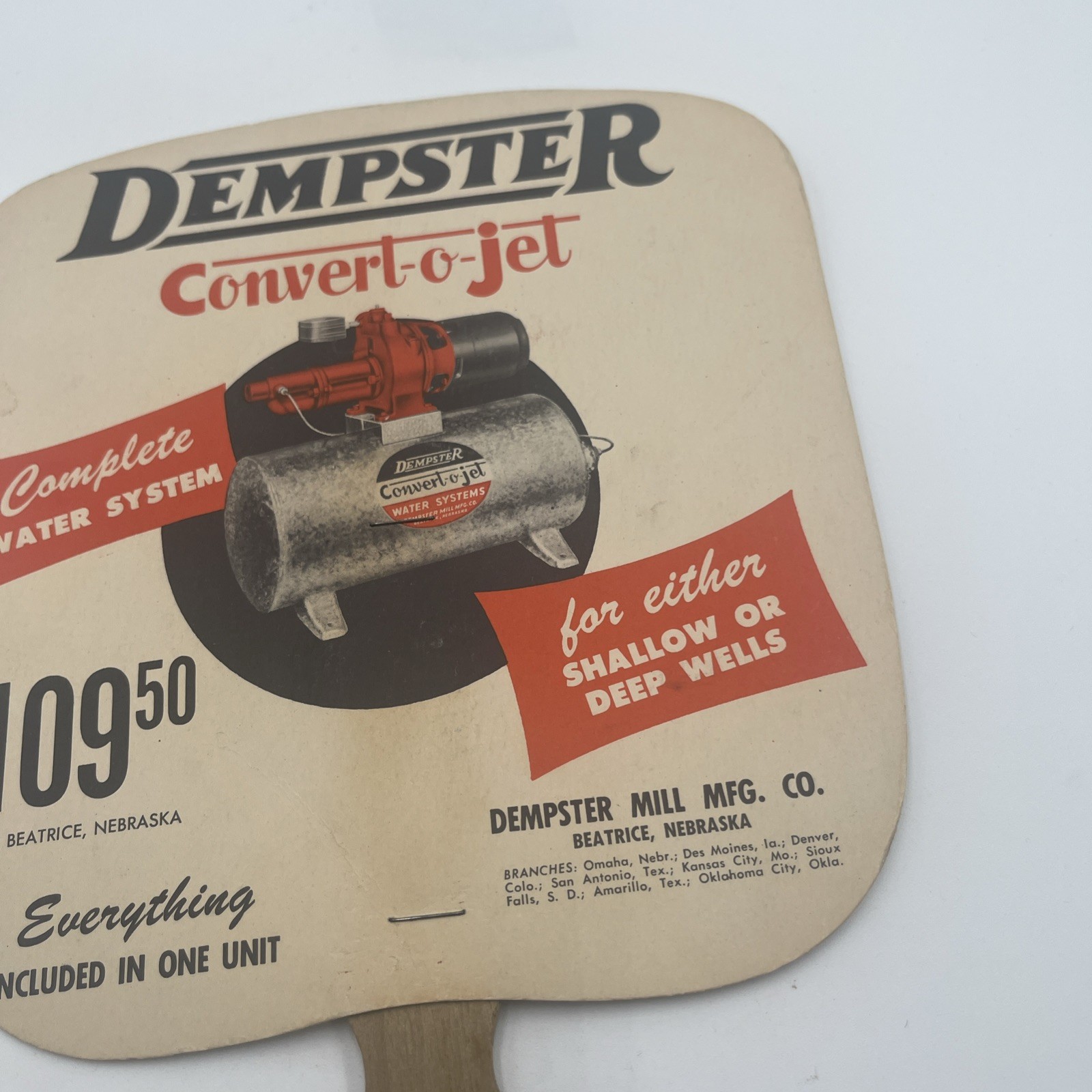 Vintage Dempster Convert-O Jet Water System Promotional Hand Fan 11.5” x 7.5”