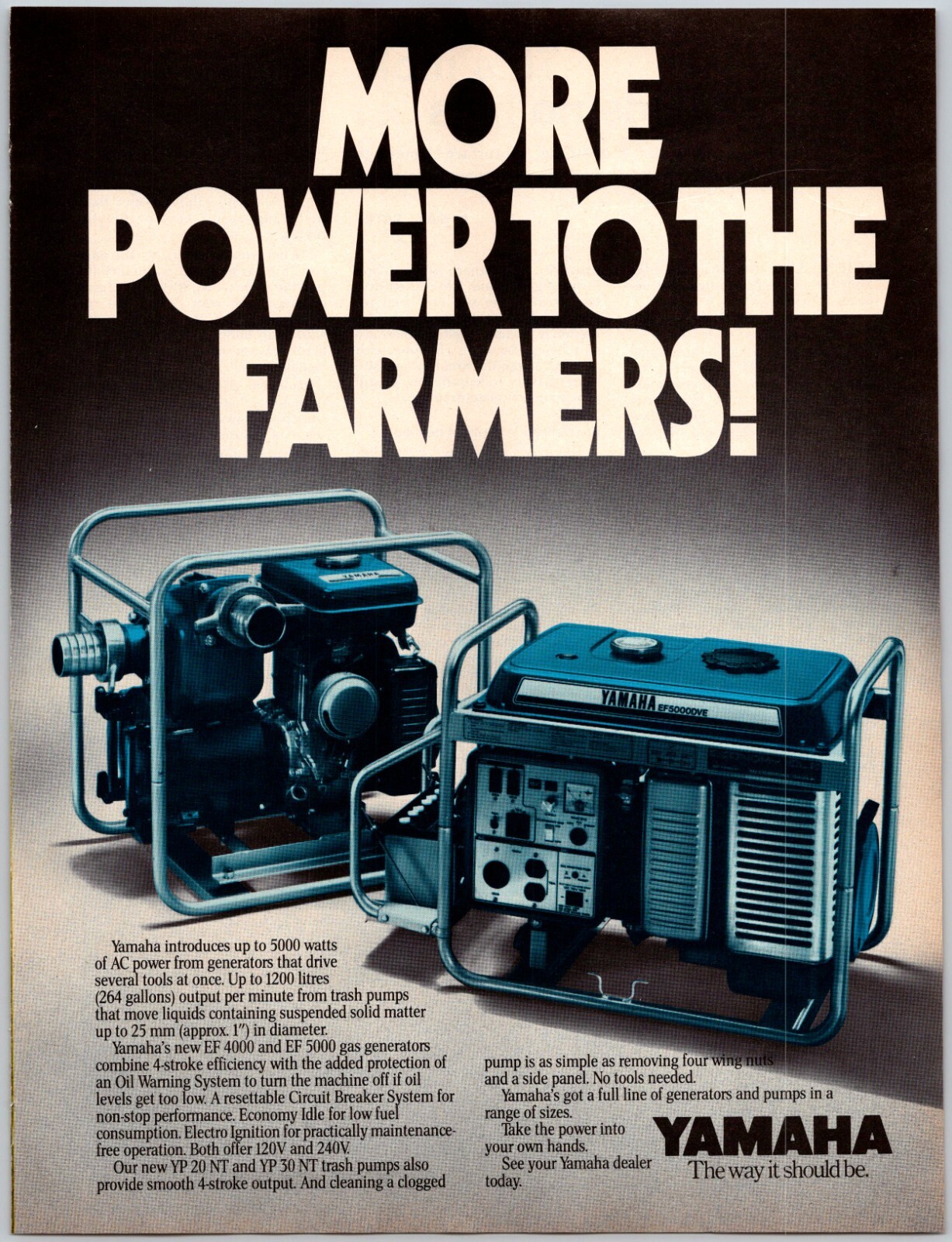 PRINT AD Yamaha EF 4000 and EF 5000 Gas Generators 1984 More Power to Farmers