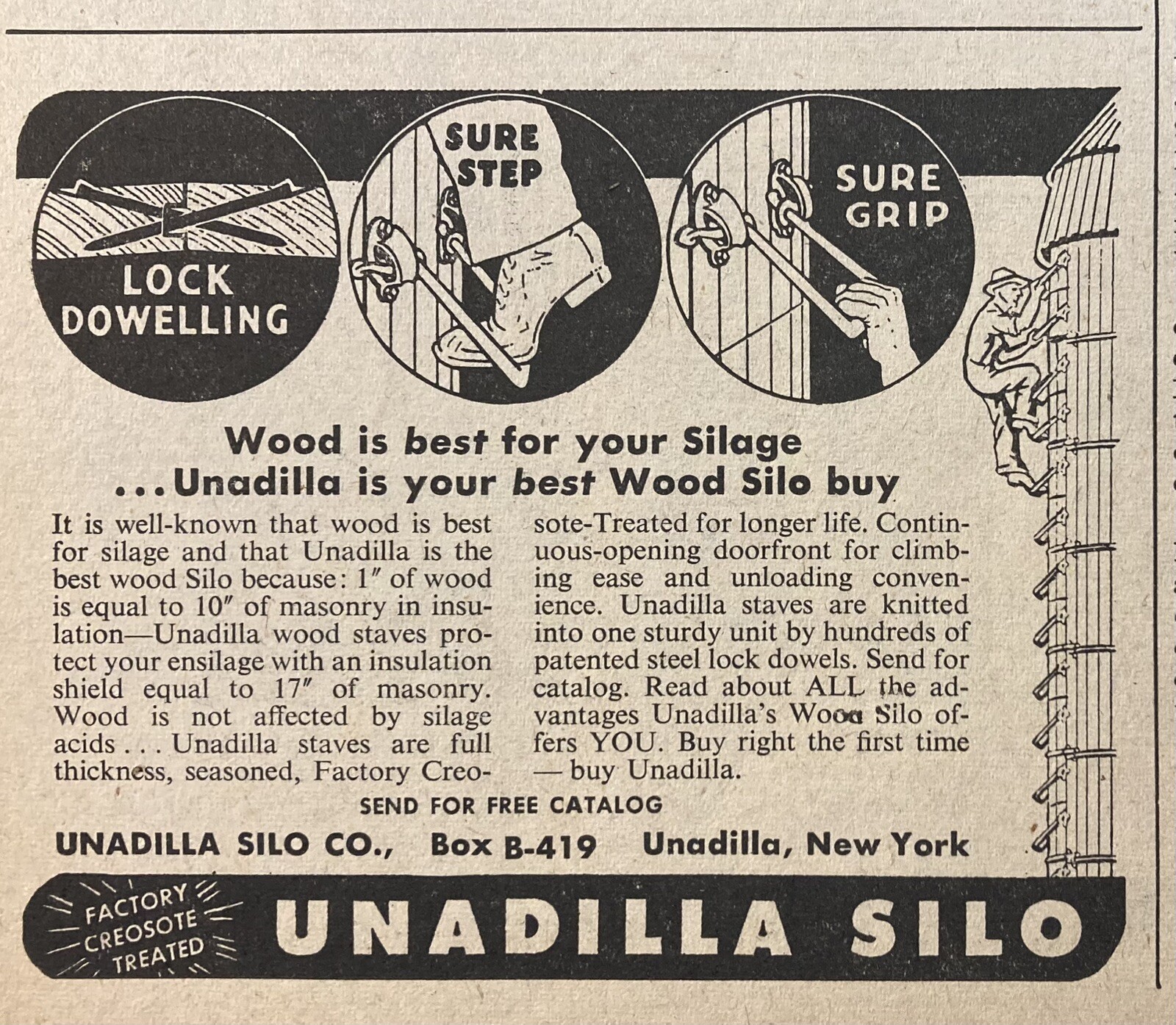 1959 AD.(XH62)~UNADILLA SILO CO. UNADILLA, NY. CREOSOTE TREATED SILOS