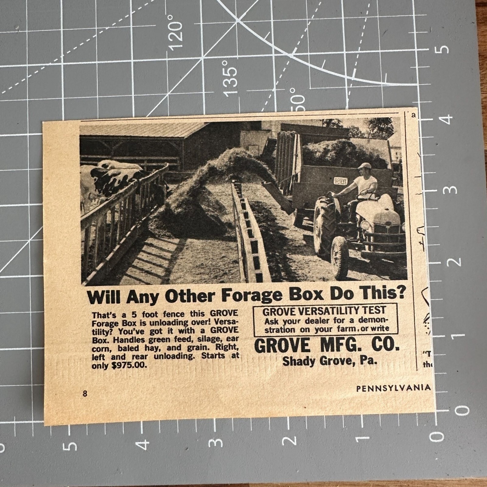 Vintage 1963 Grove MFG Co Forage Box Print Ad Farmer On Old Tractor Feeding Cows