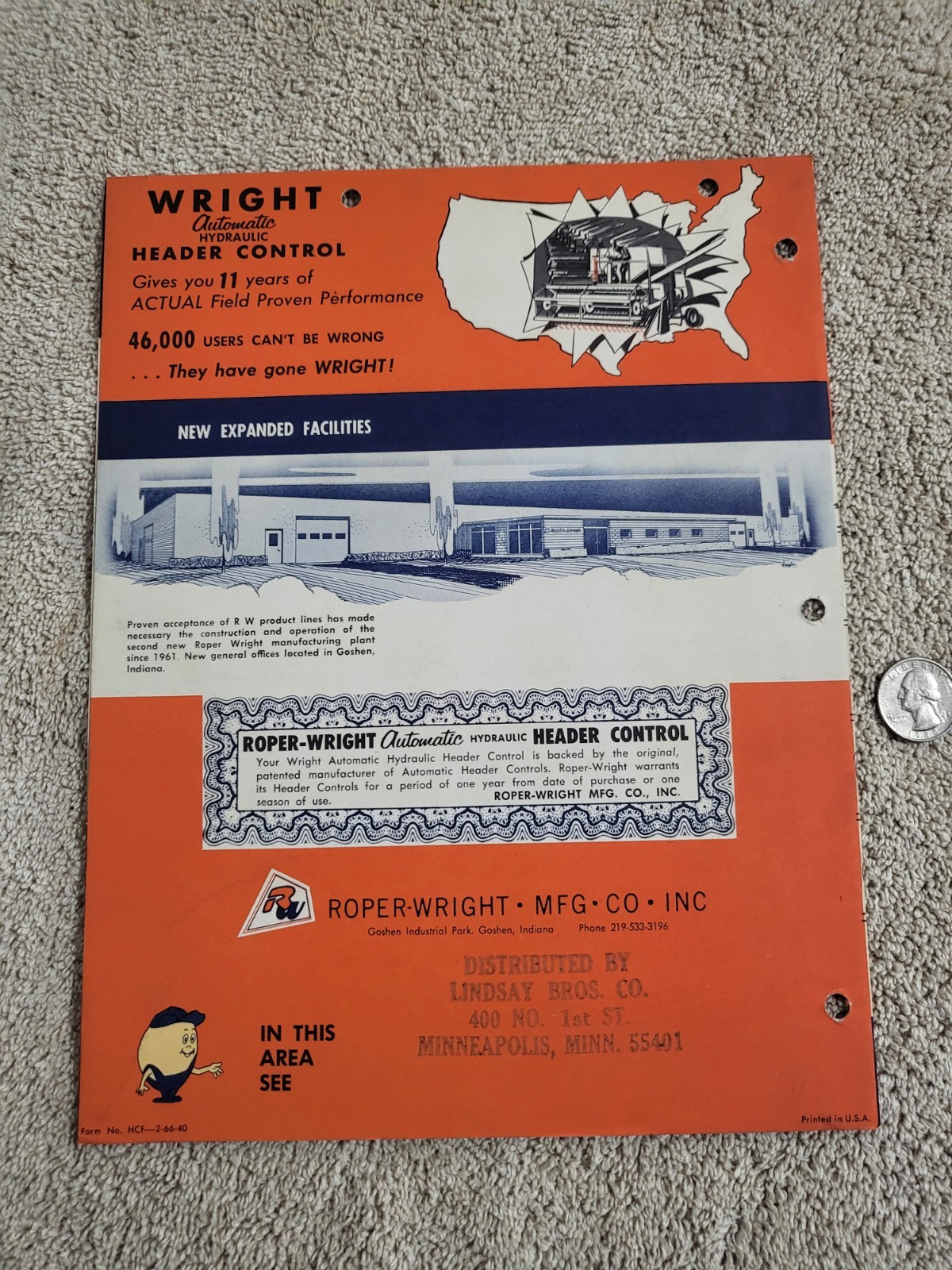Vintage 1966 Brochure ROPER-WRIGHT HYDRAULIC Combine HEADER CONTROL FARM AG