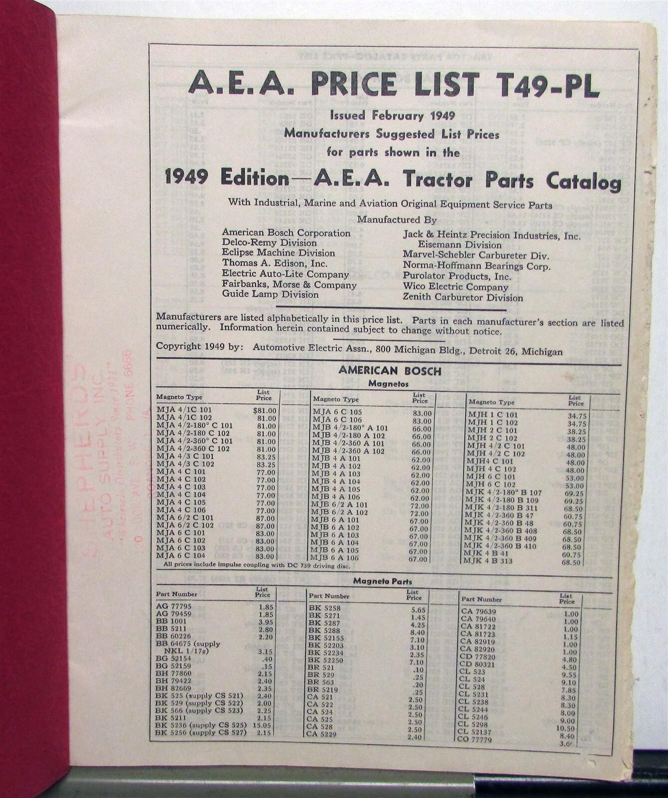 1949 A.E.A. Tractor &rsquo;36-&rsquo;48 Models Specs Construction Parts Catalog & Price List