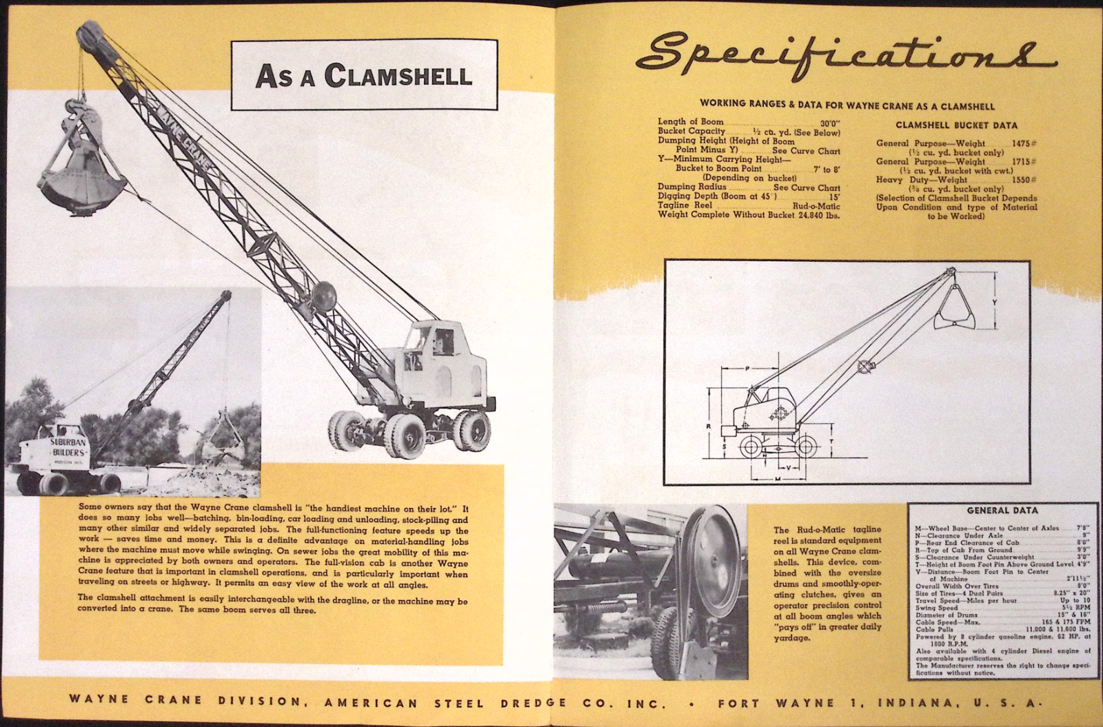 Wayne Crane Model 22 Clamshell Brochure American Steel Dredge Co Ft Wayne IN